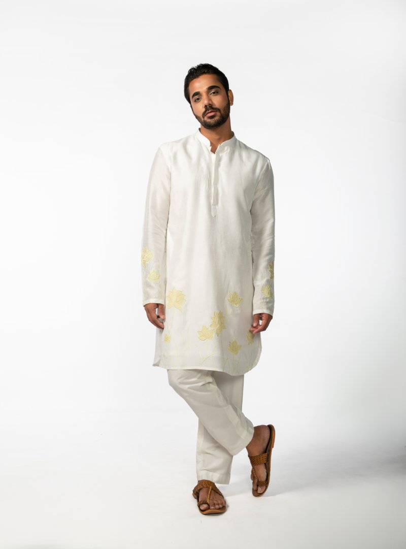 Ivory With Yellow Applique Kurta Set