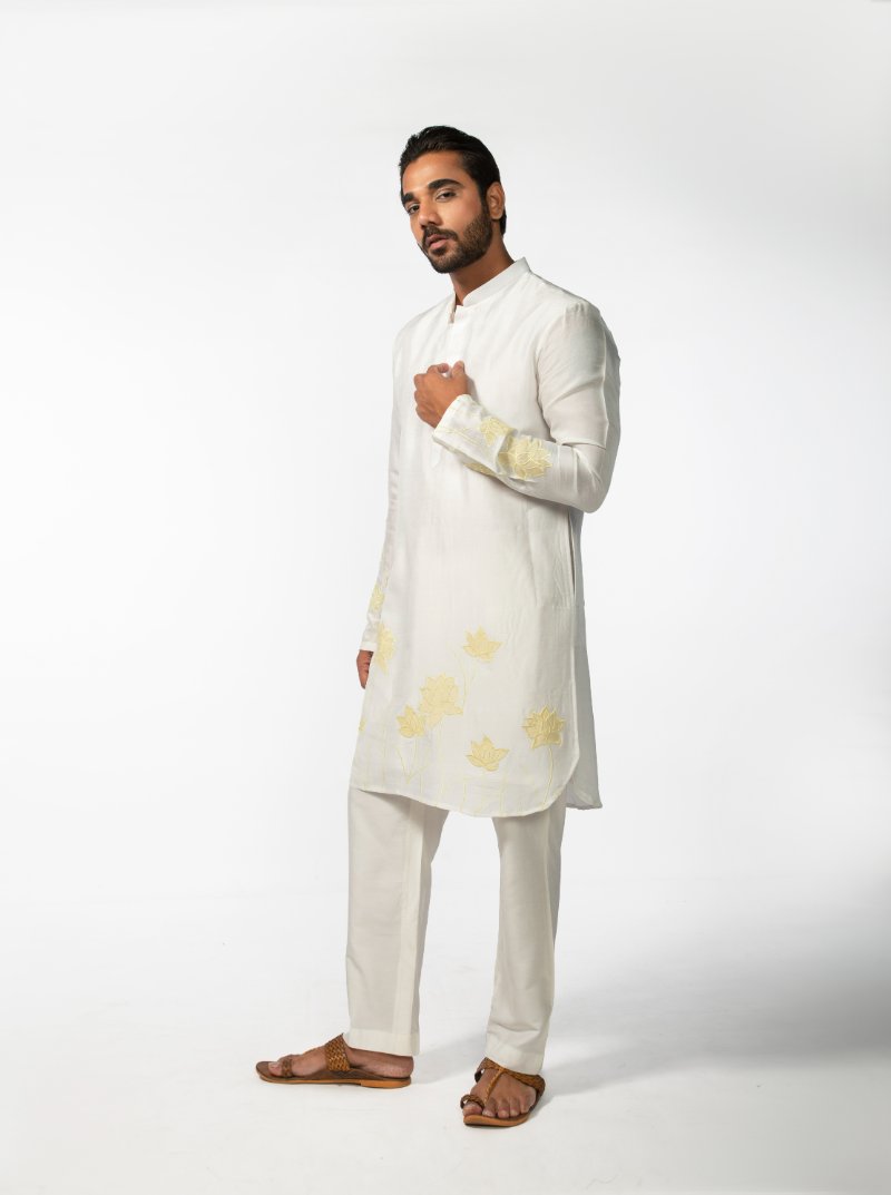 Ivory With Yellow Applique Kurta Set