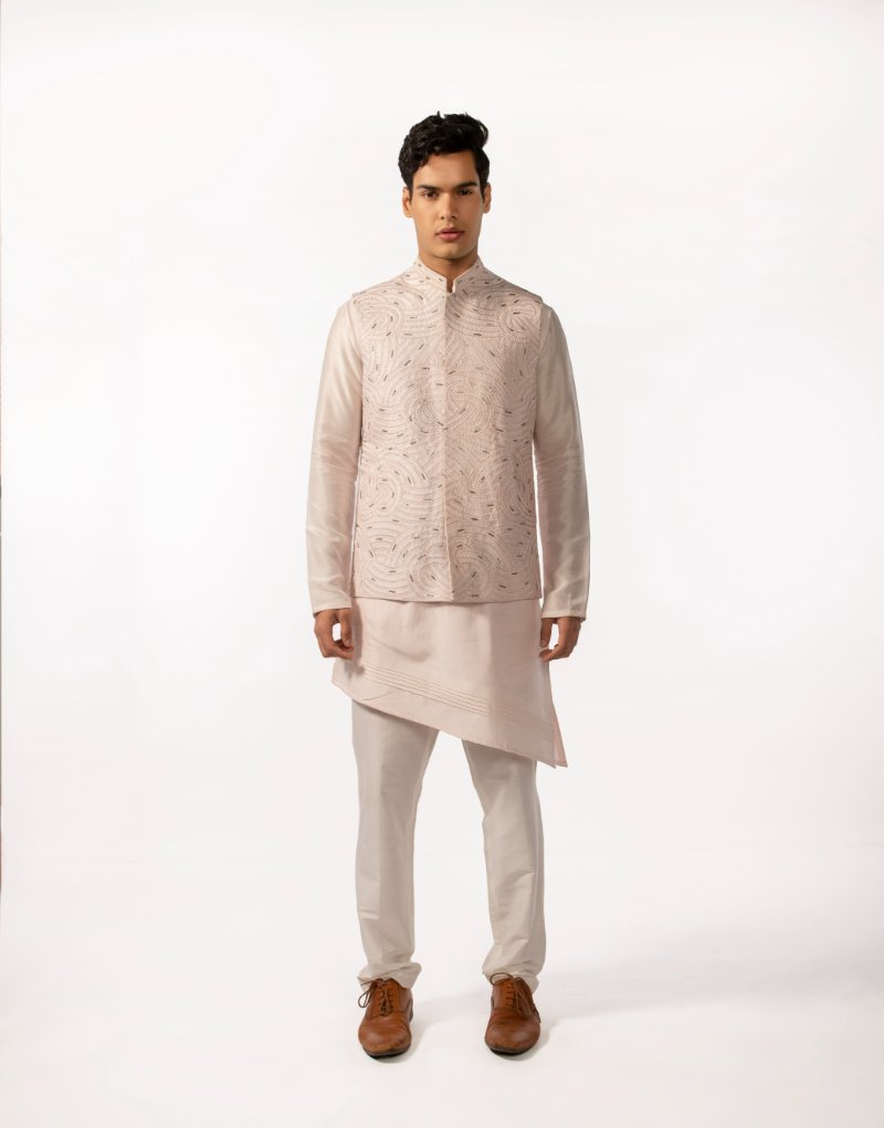 Blush Pink Heavy Embroidered Bundi With Kurta Set