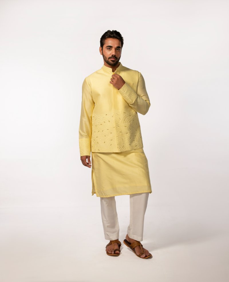 Yellow Embroidery Bundi With Yellow Embroidered Kurta Set