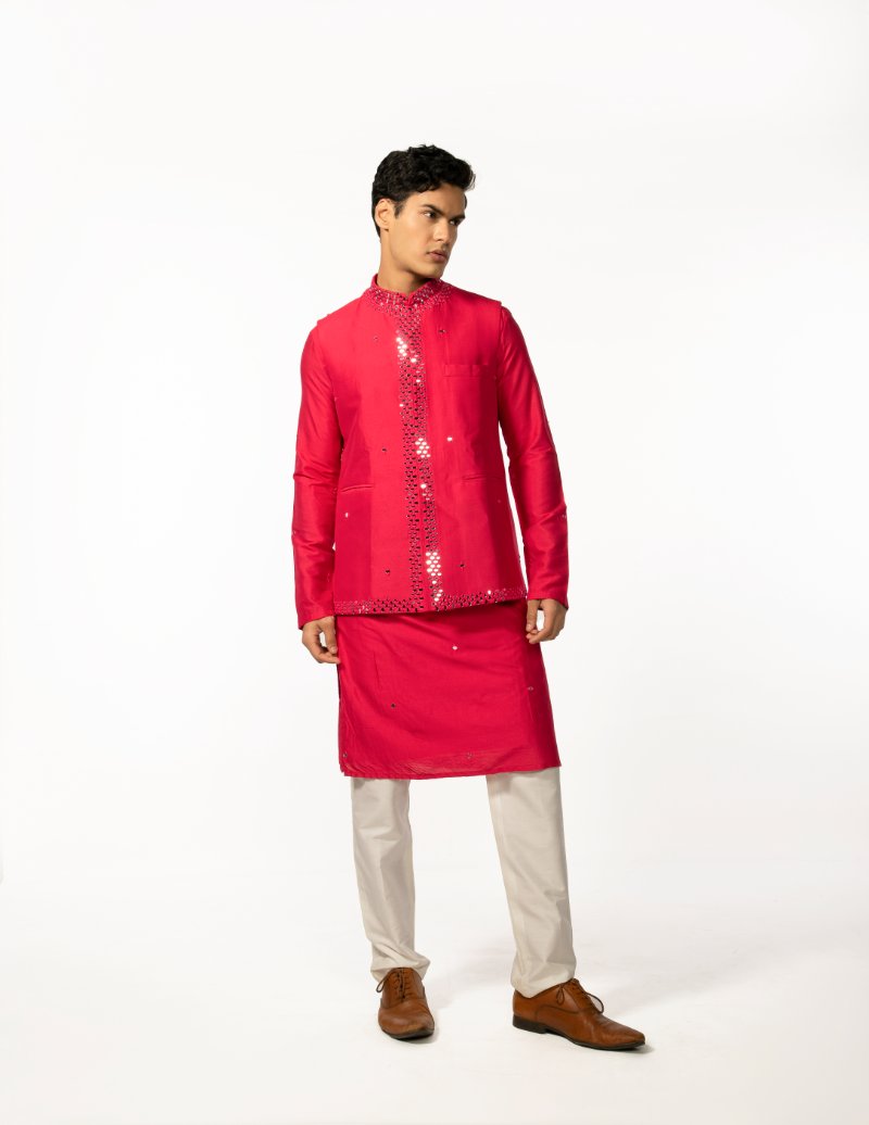 Hotpink Mirror Bundi With Hotpink Mirror Kurta Set