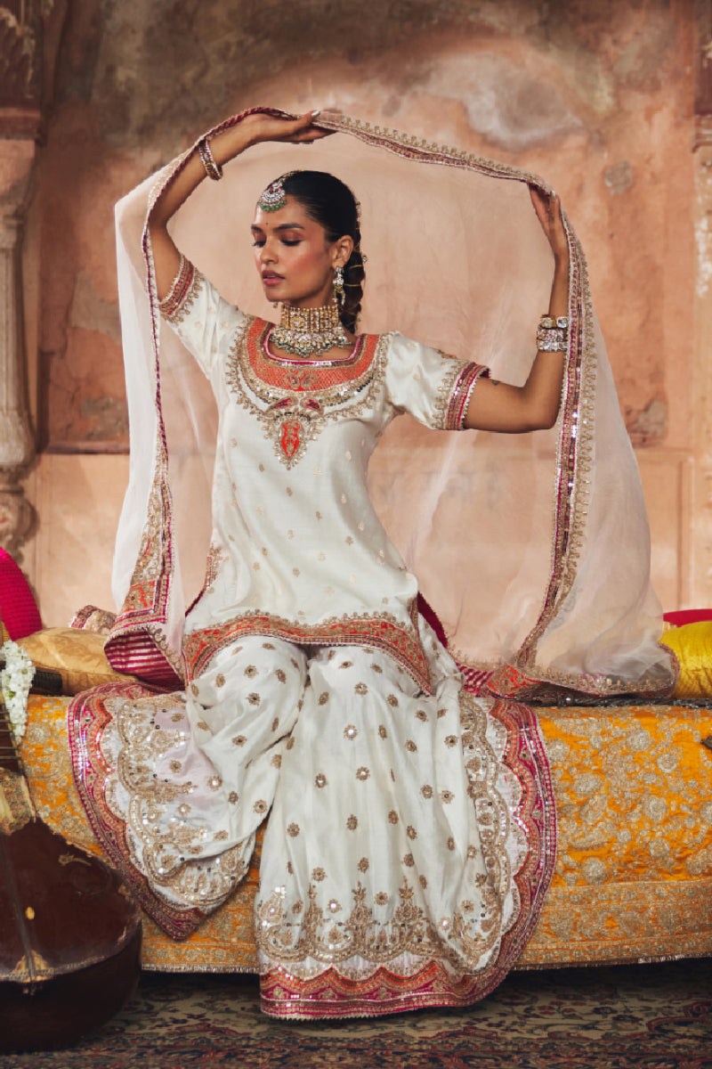 SAMREEN - DAISY IVORY SHORT KURTA WITH SHARARA AND DUPATTA