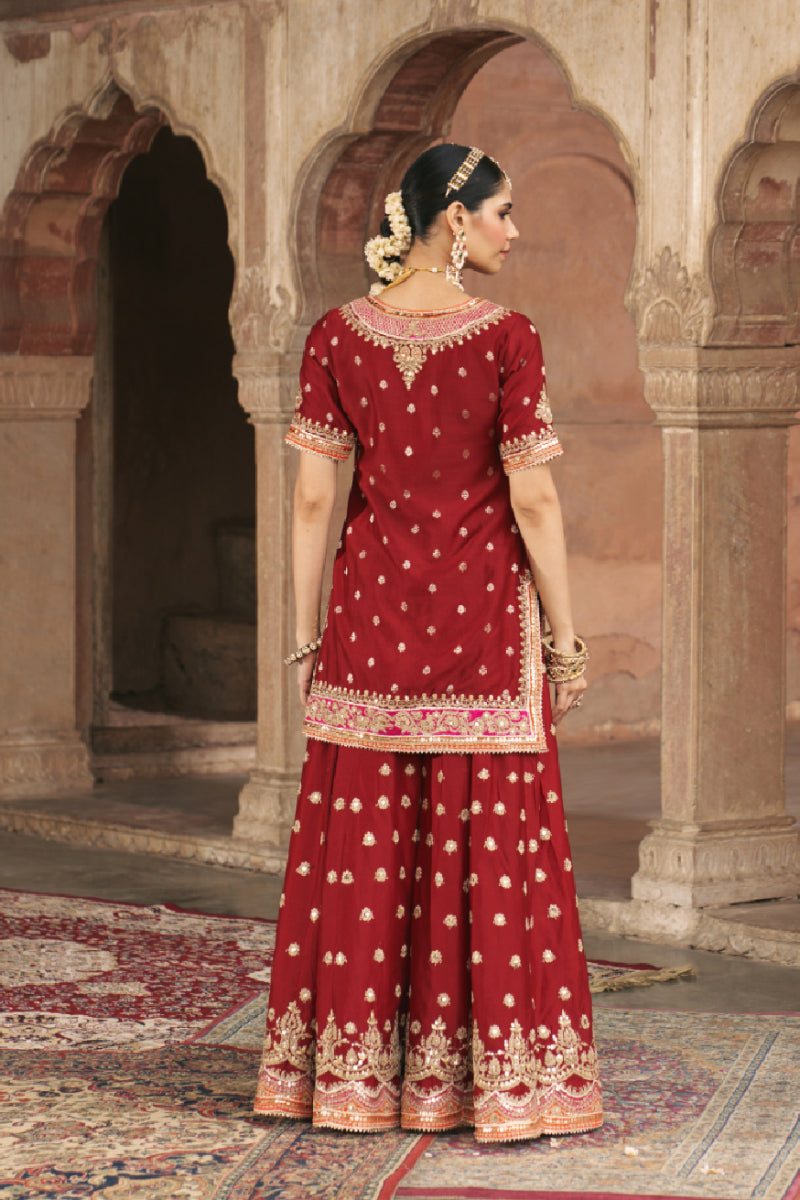 SAMREEN - DEEP RED SHORT KURTA WITH SHARARA AND DUPATTA