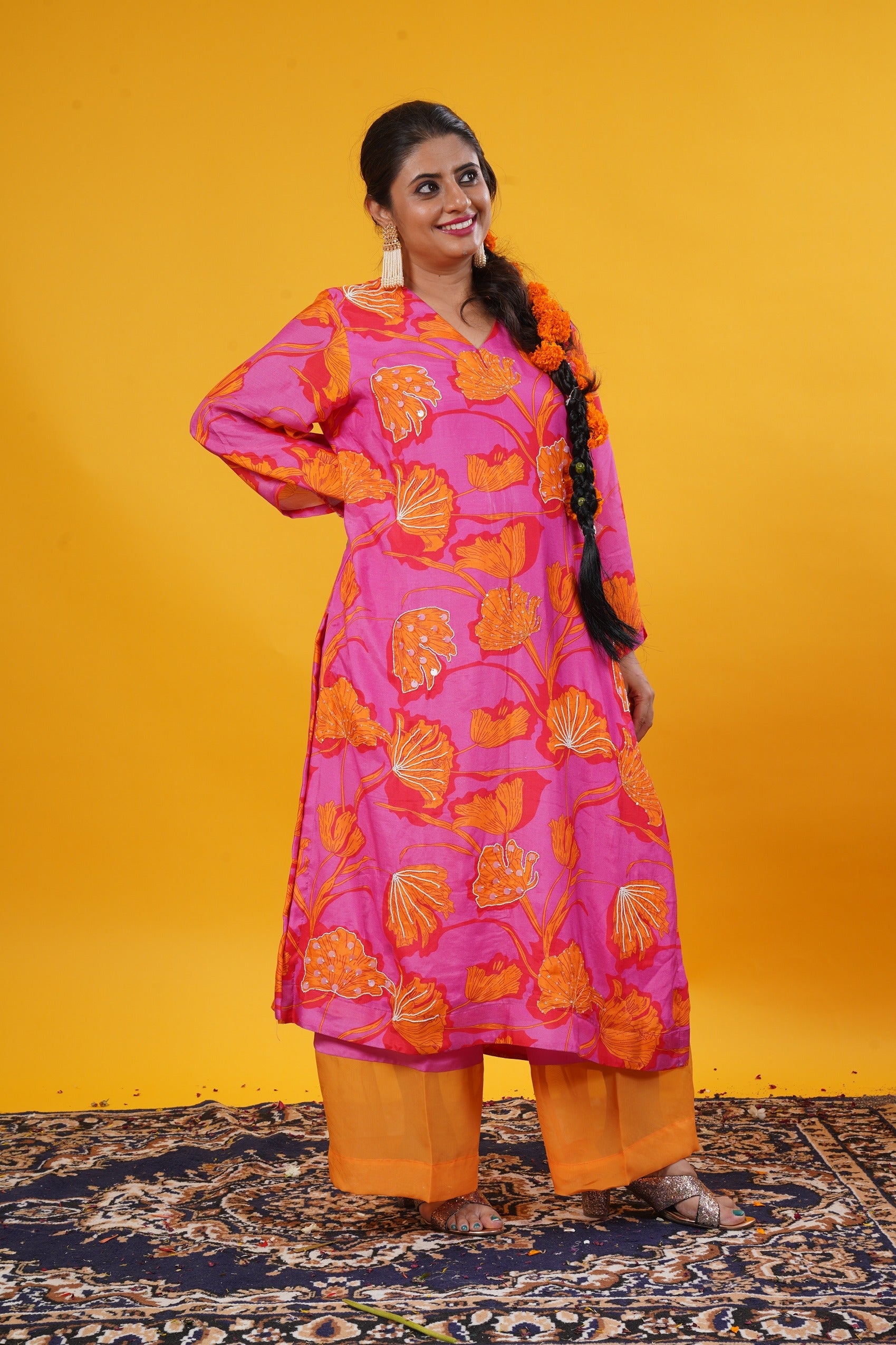 Fuschia Pink Floral Suit Set With Palazzo