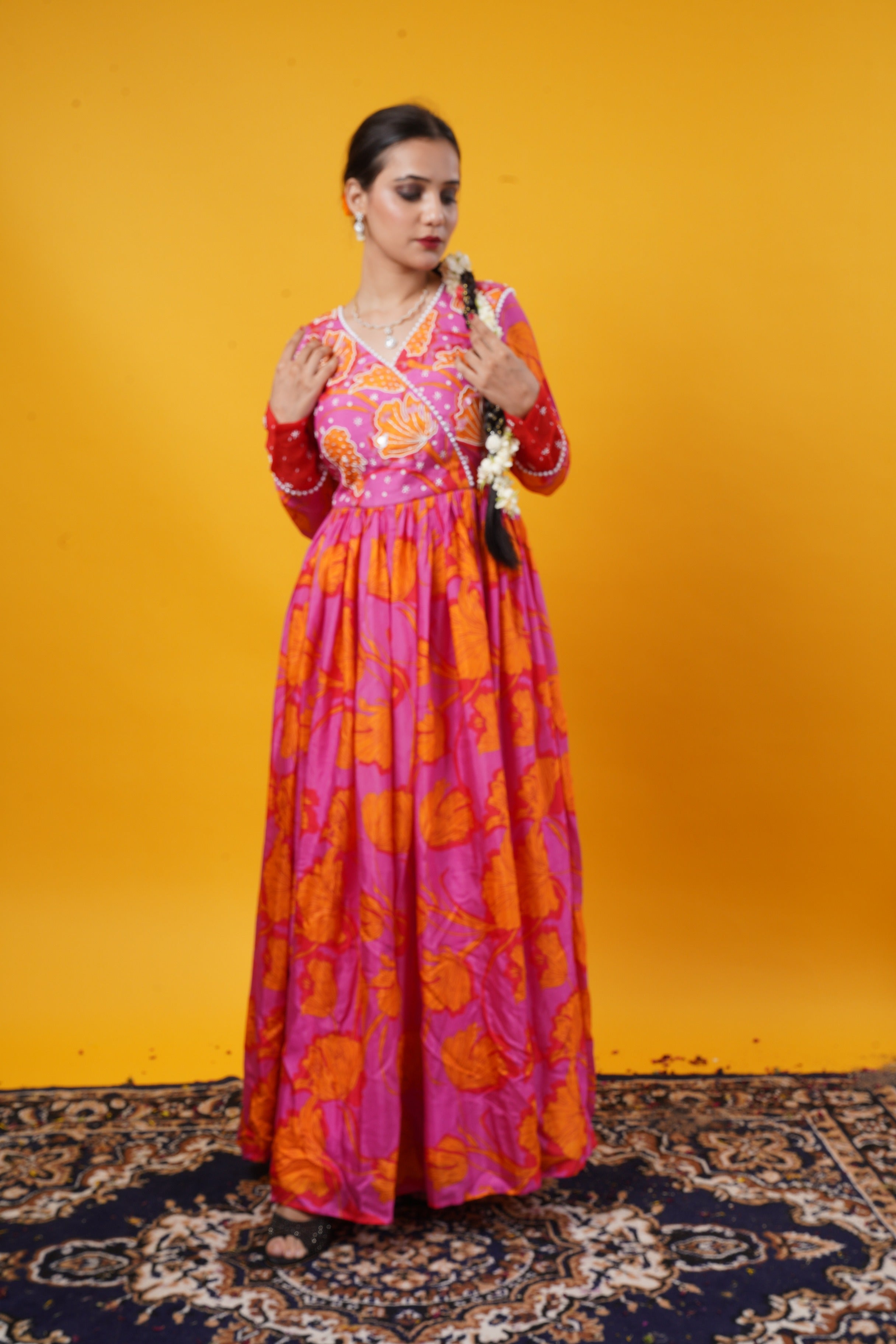 Pink Floral Gown With Handwork
