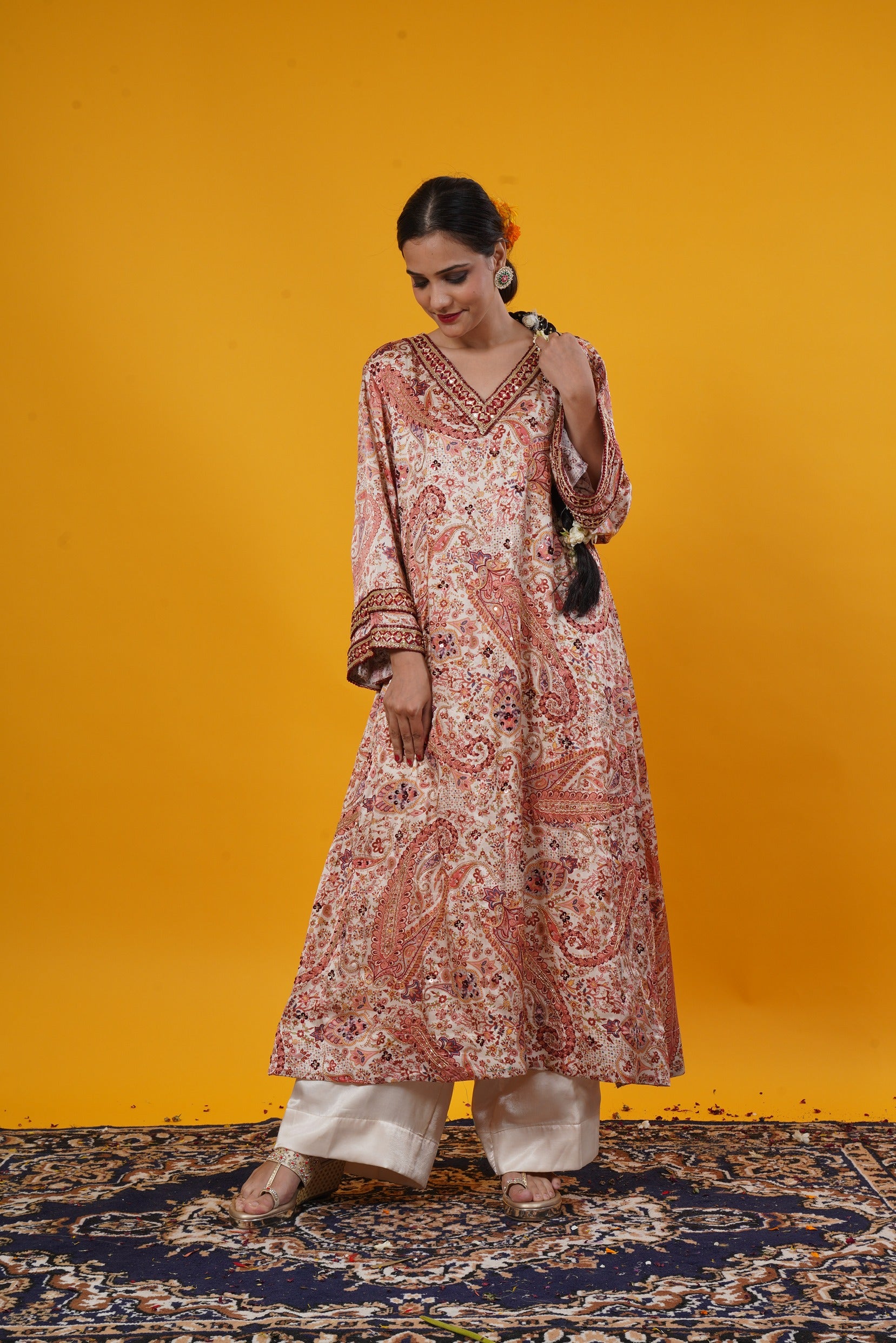 Ivory Paisley Print Suit Set With Handwork