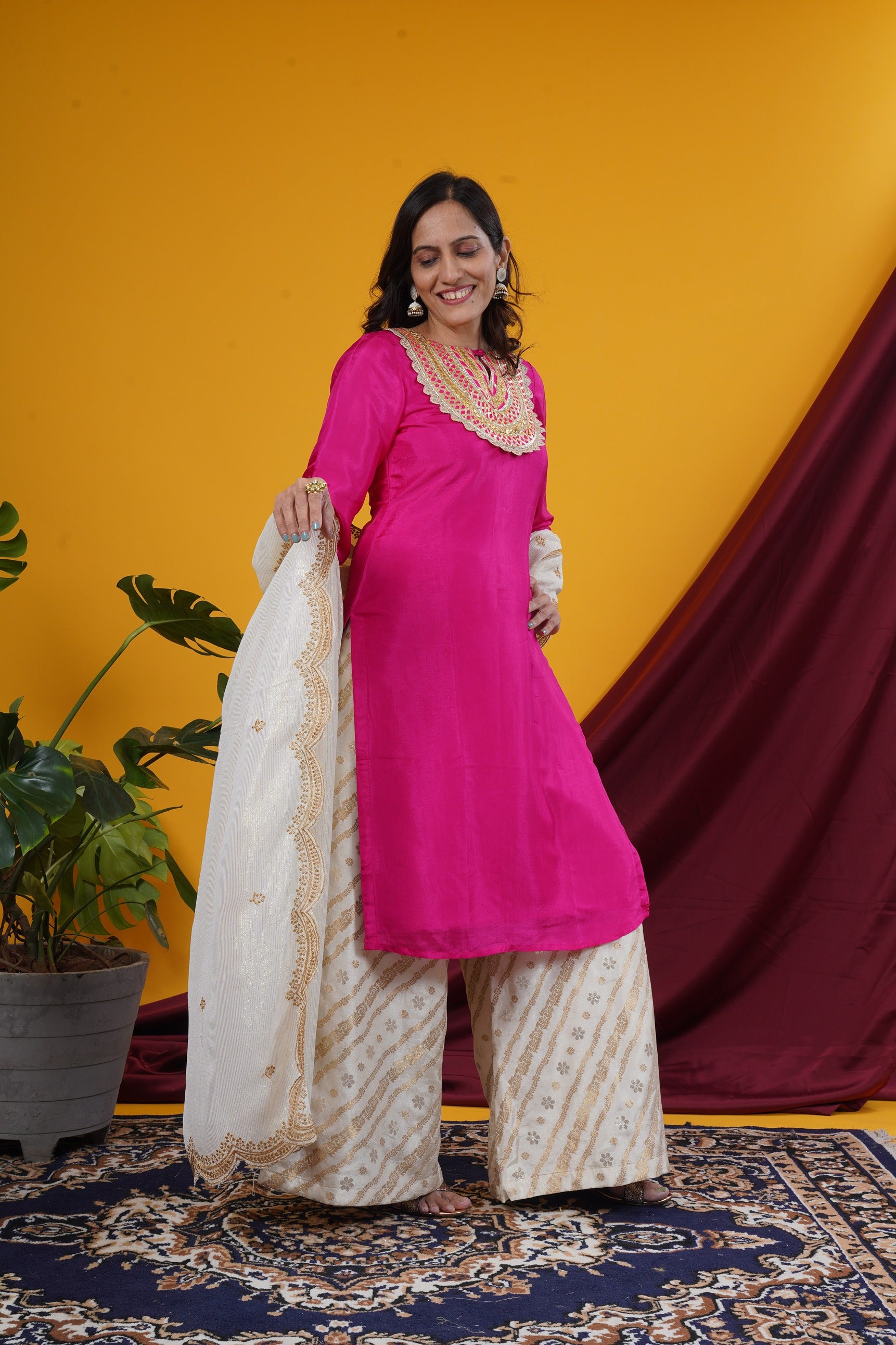 Rani Pink Short Kurti With Ivory Palazzo & Dupatta Set