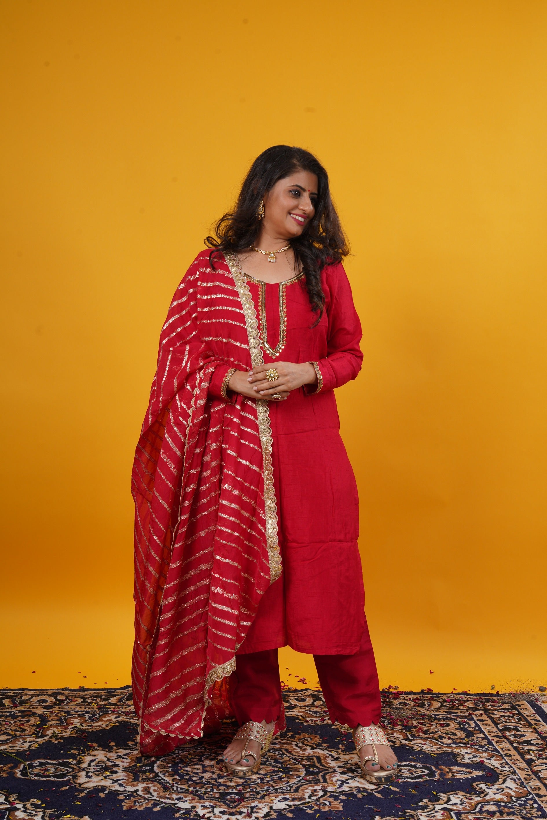 Raw Silk Suit Set With Organza Leheriya Jari Dupatta