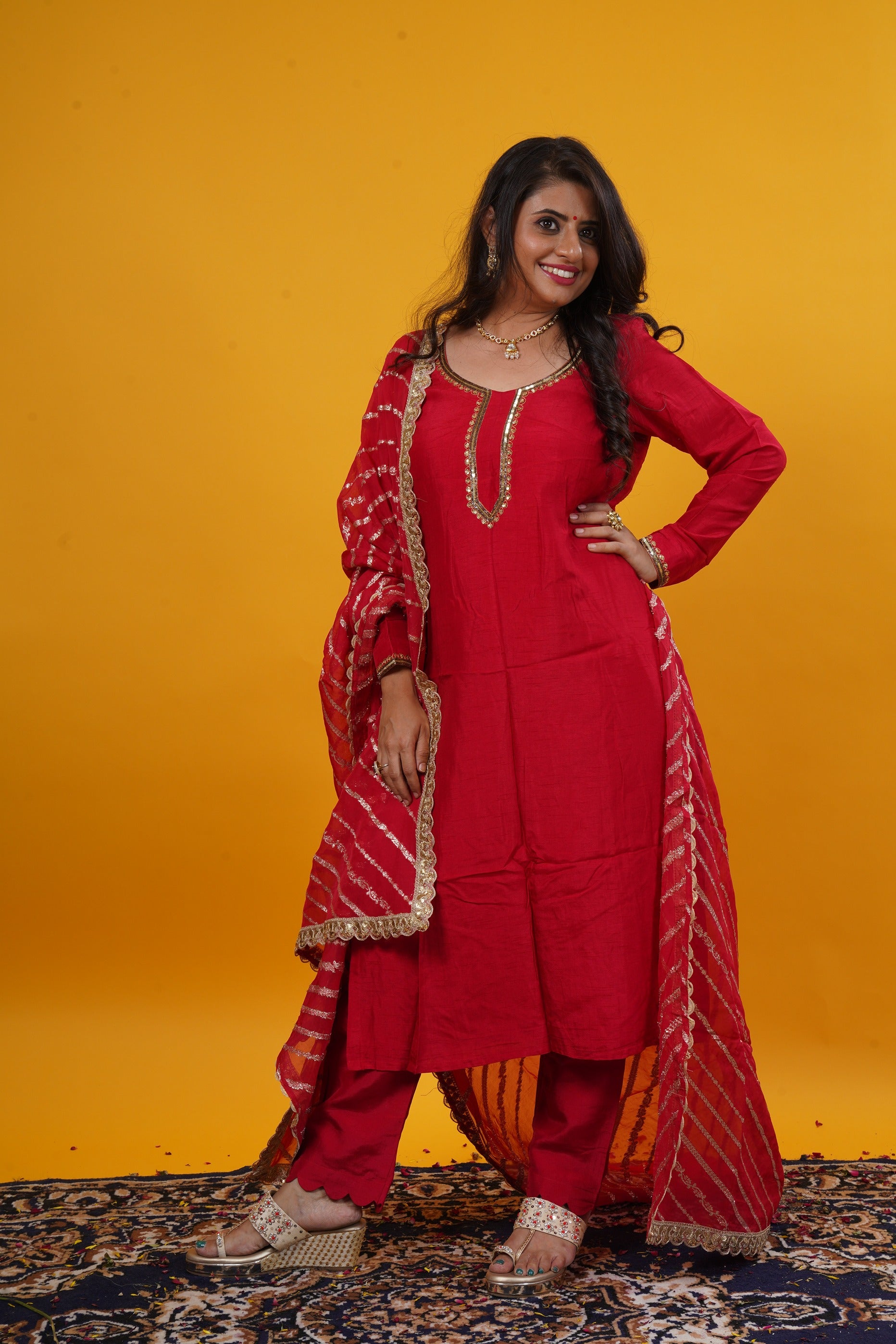 Raw Silk Suit Set With Organza Leheriya Jari Dupatta