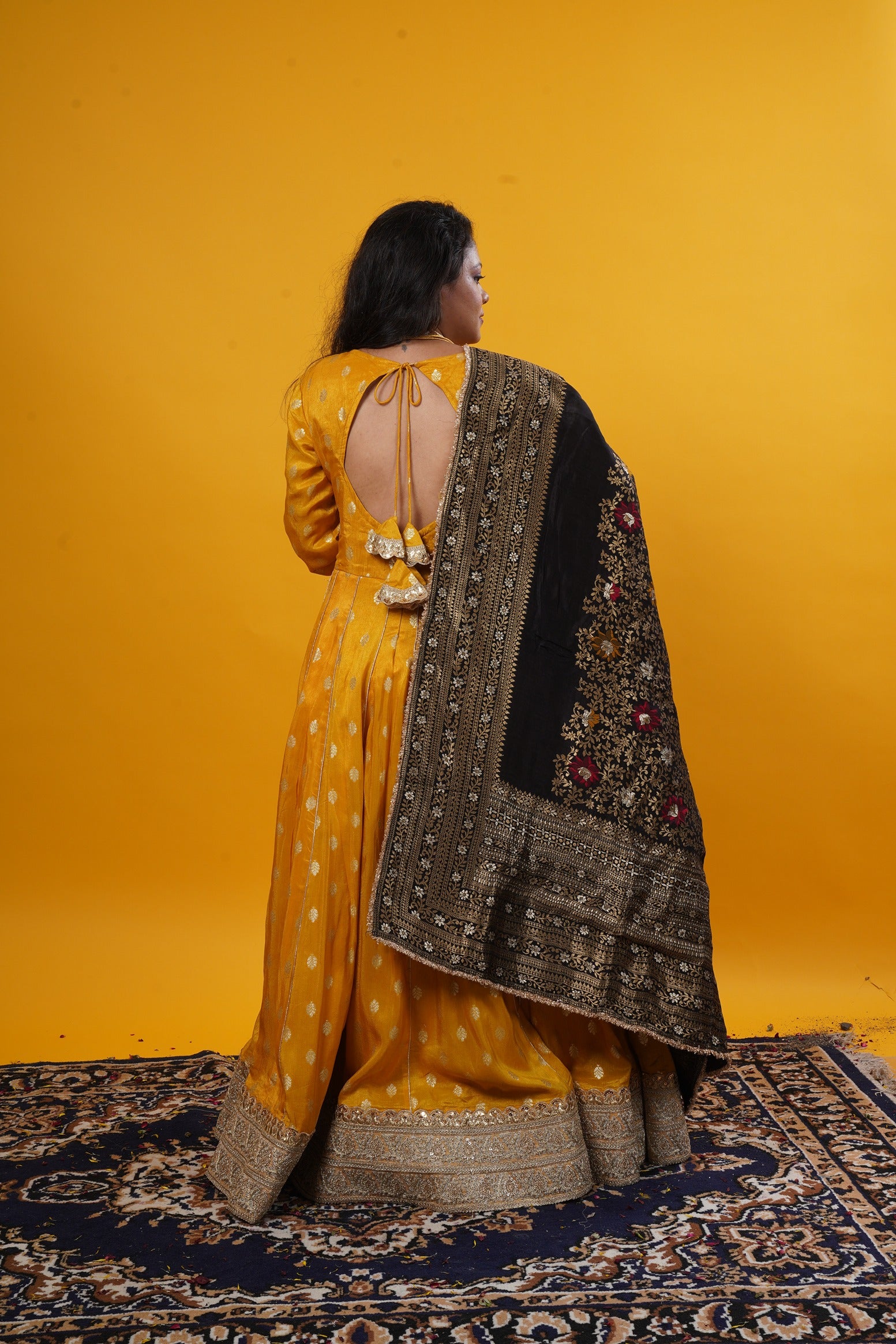 Anarkali Gown With Black Multicolor Banarasi Dupatta