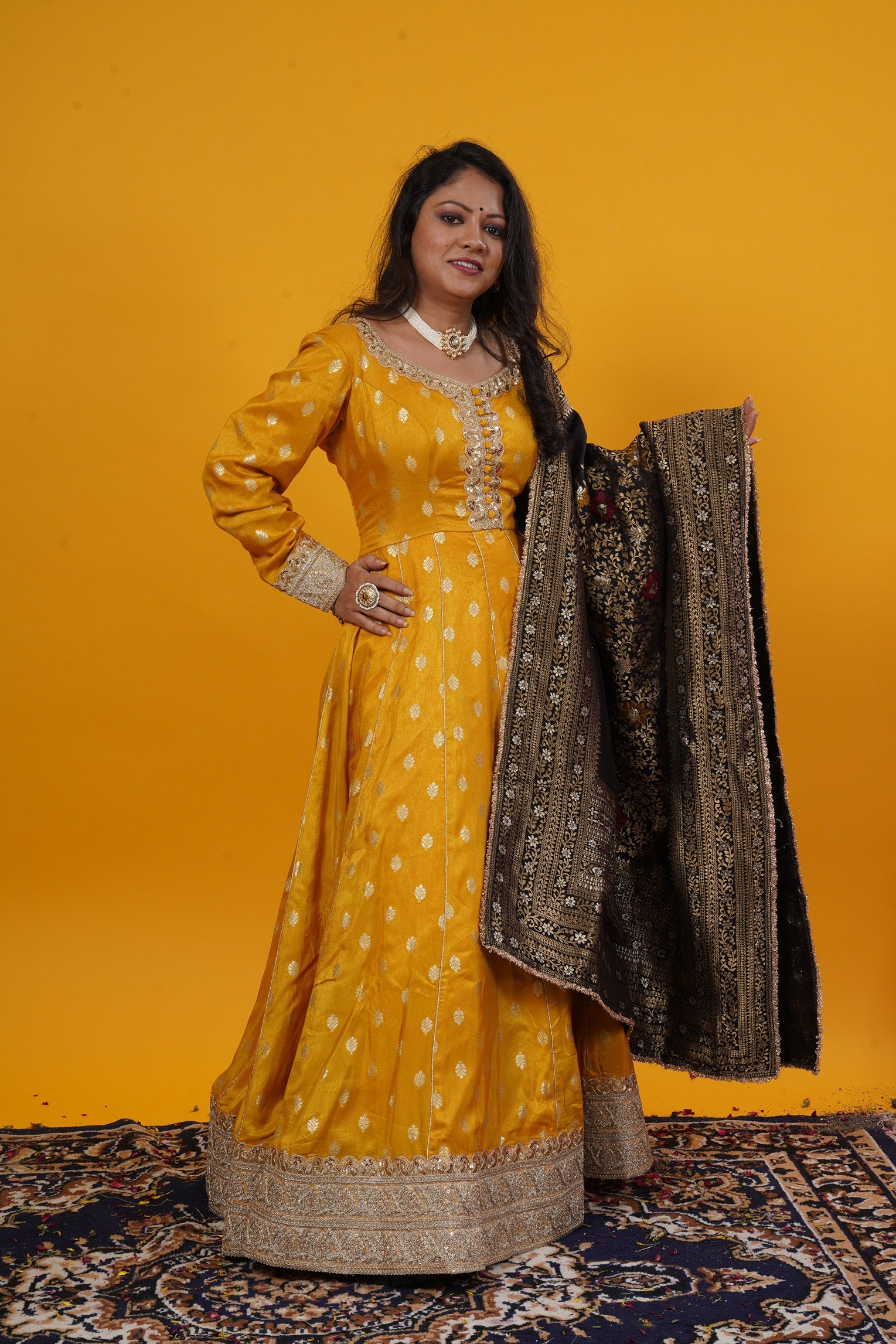 Anarkali Gown With Black Multicolor Banarasi Dupatta