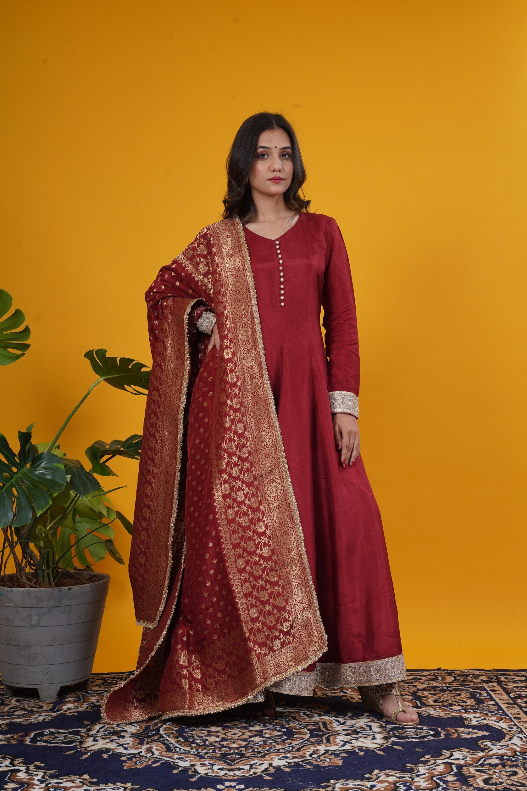 Anarkali Kurti With Tailored Pants And Banarasi Weaved Dupatta