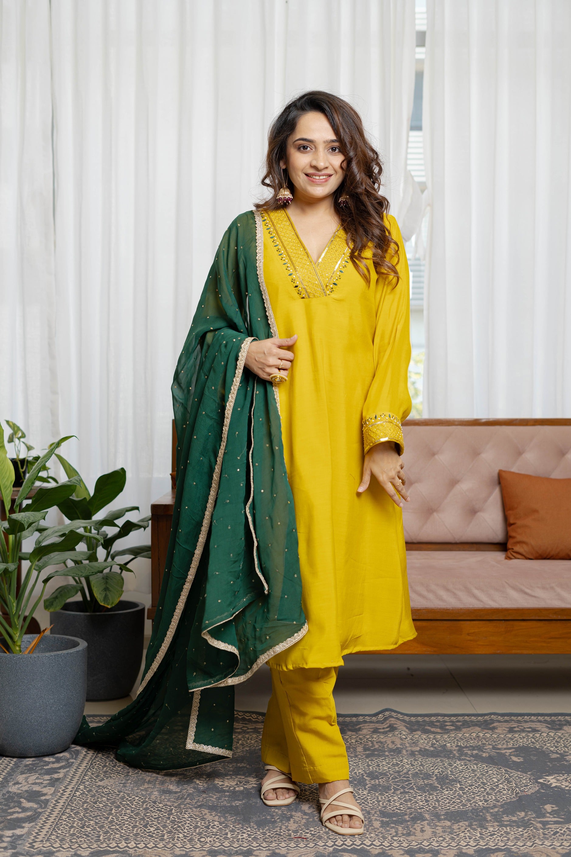 Sunlit Mustard Chanderi A-Line Suit Set With Organza Dupatta
