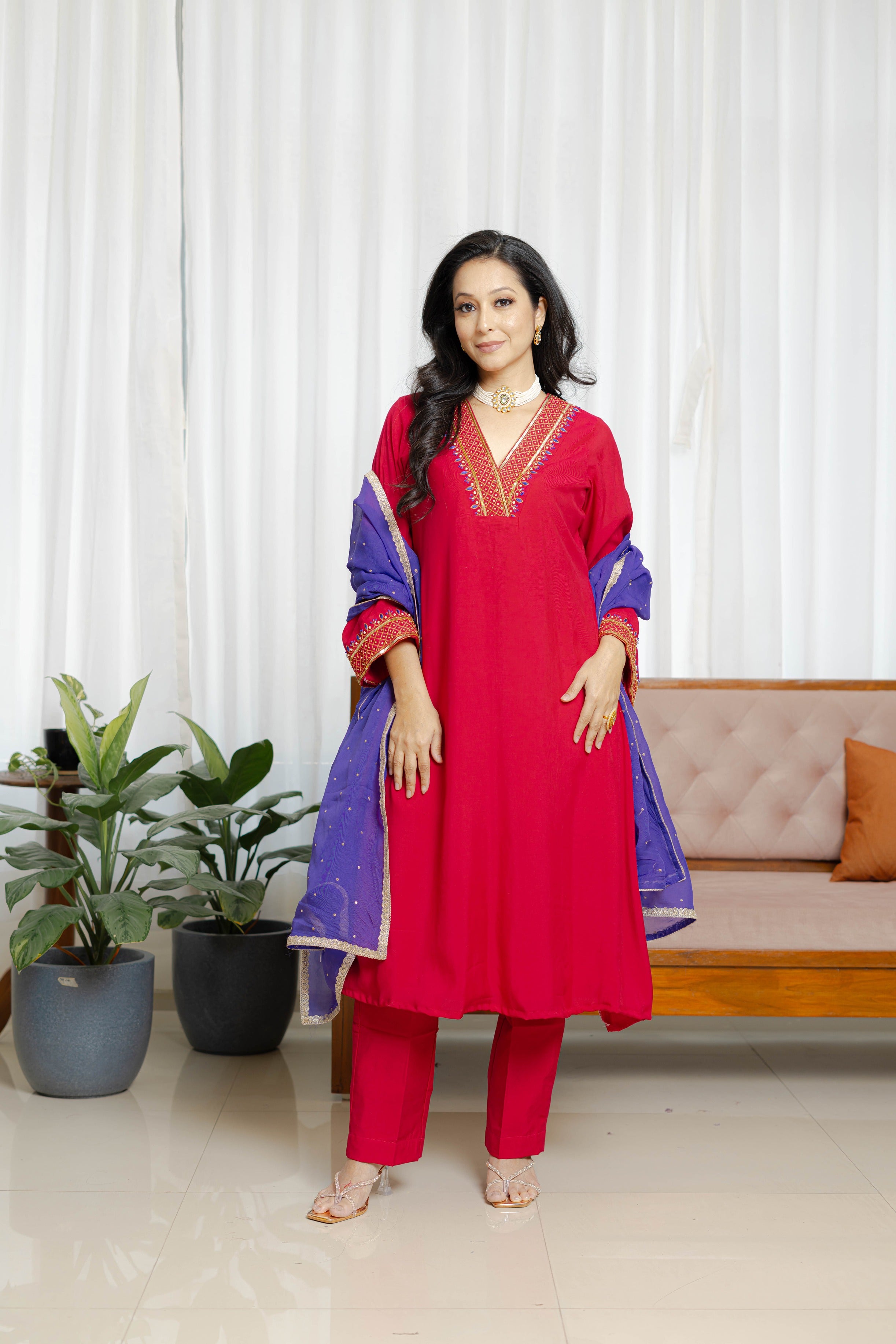 Magenta Pink Chanderi Suit Set With Organza Dupatta
