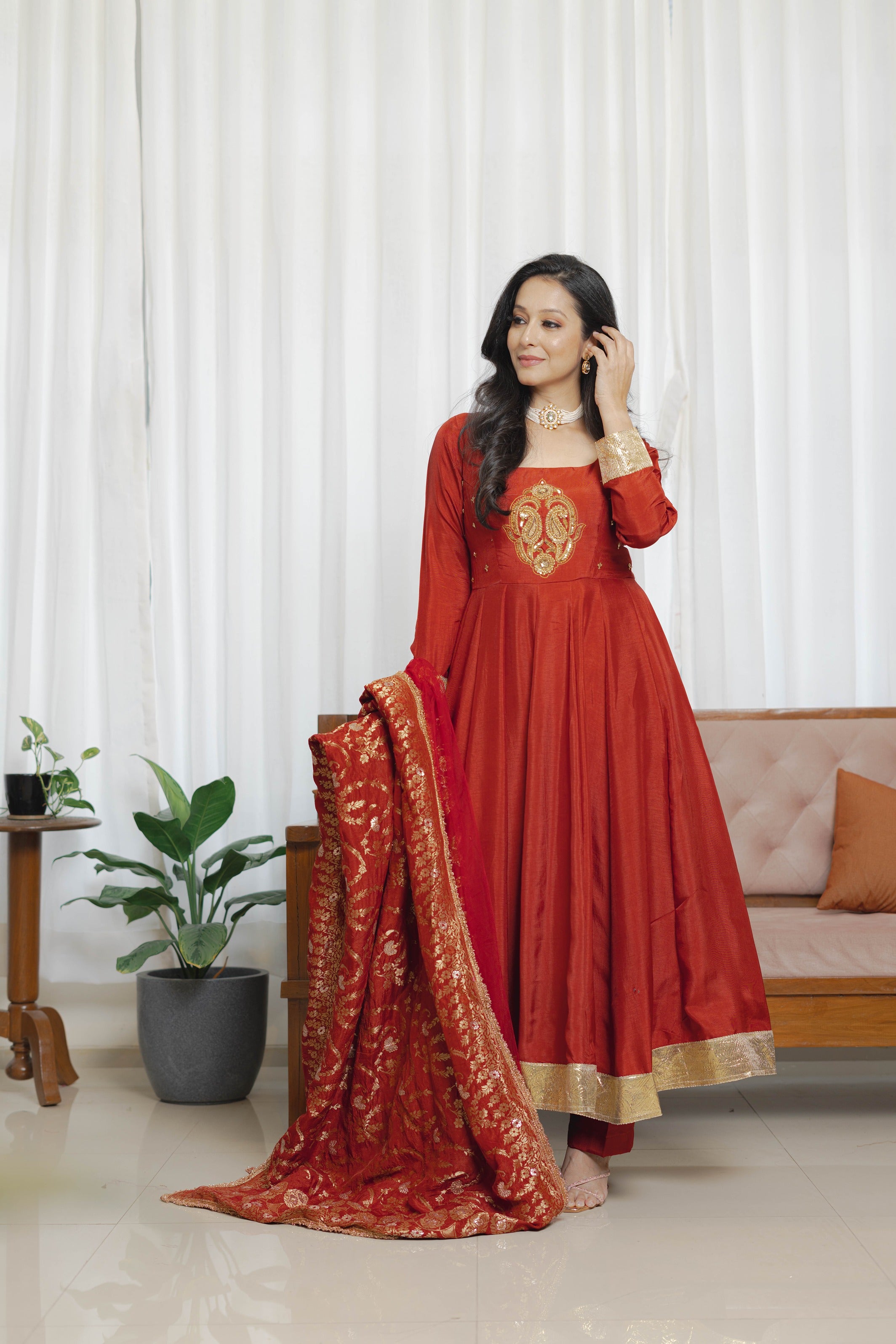 Rust Red Anarkali Ensemble Suit Set With Brocade Dupatta