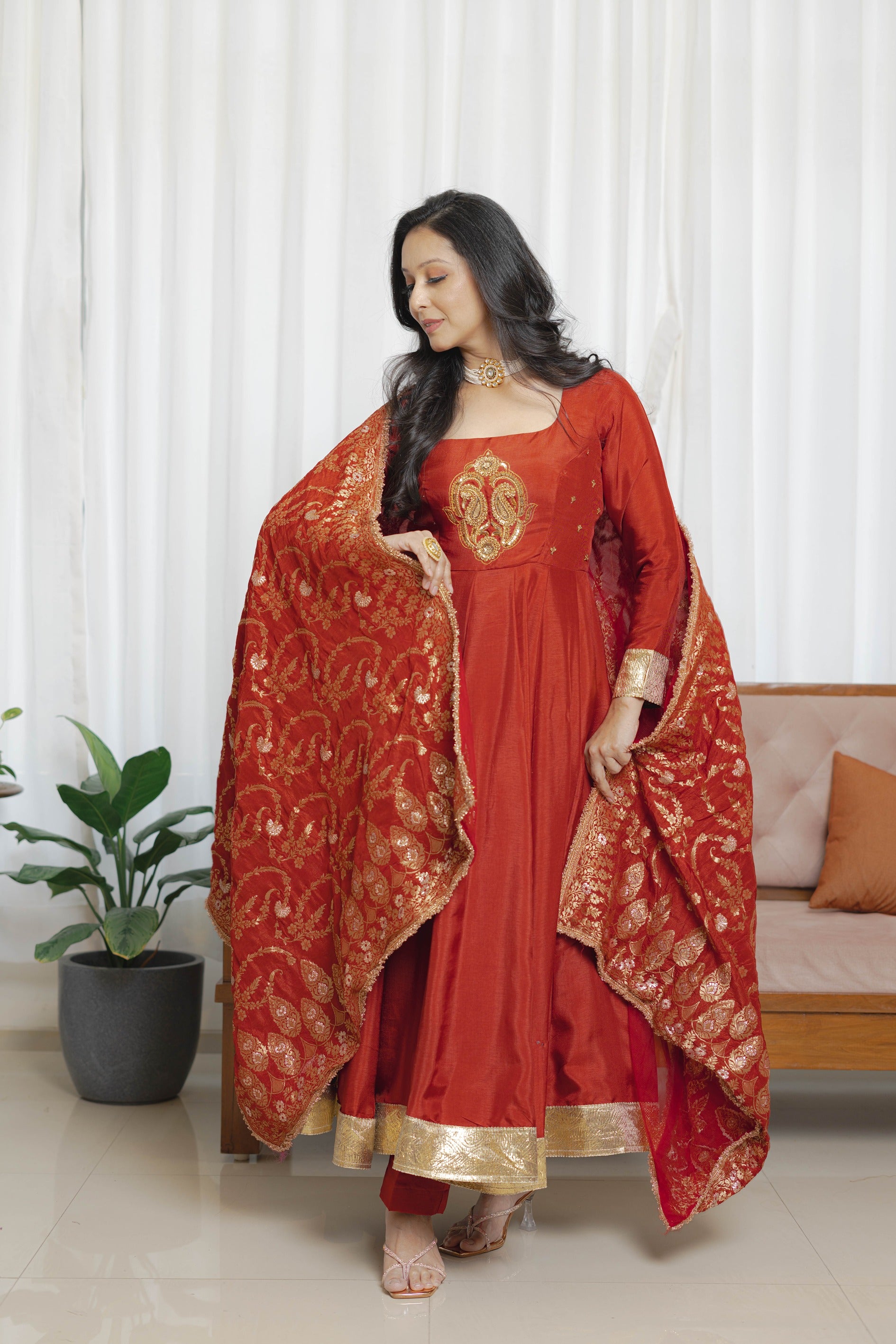 Rust Red Anarkali Ensemble Suit Set With Brocade Dupatta