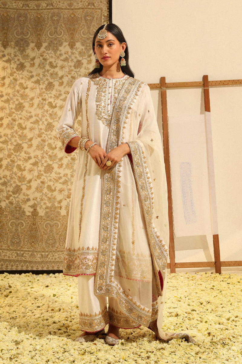 Shiza-Long A-Line Kurta With Palazzo And Dupatta