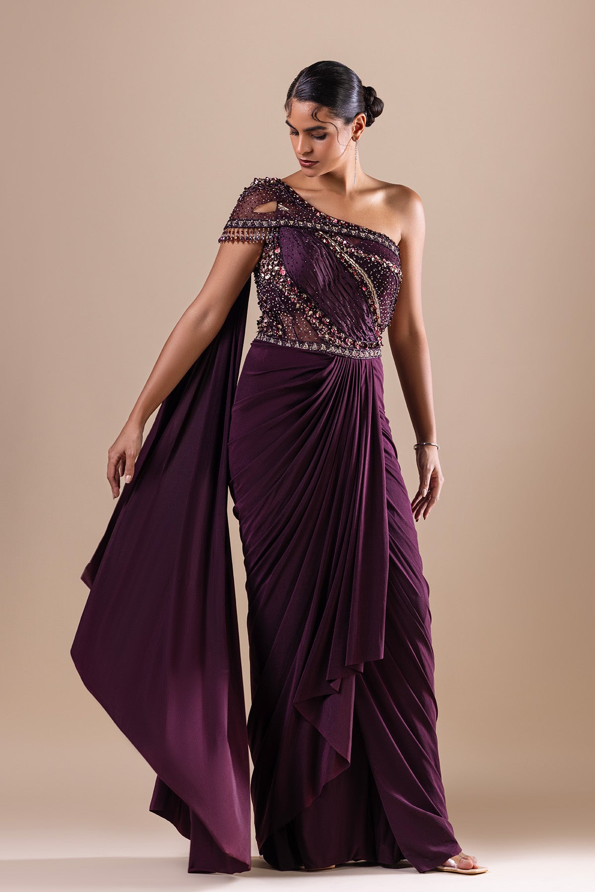 Burgundy Embroidered Drape Saree