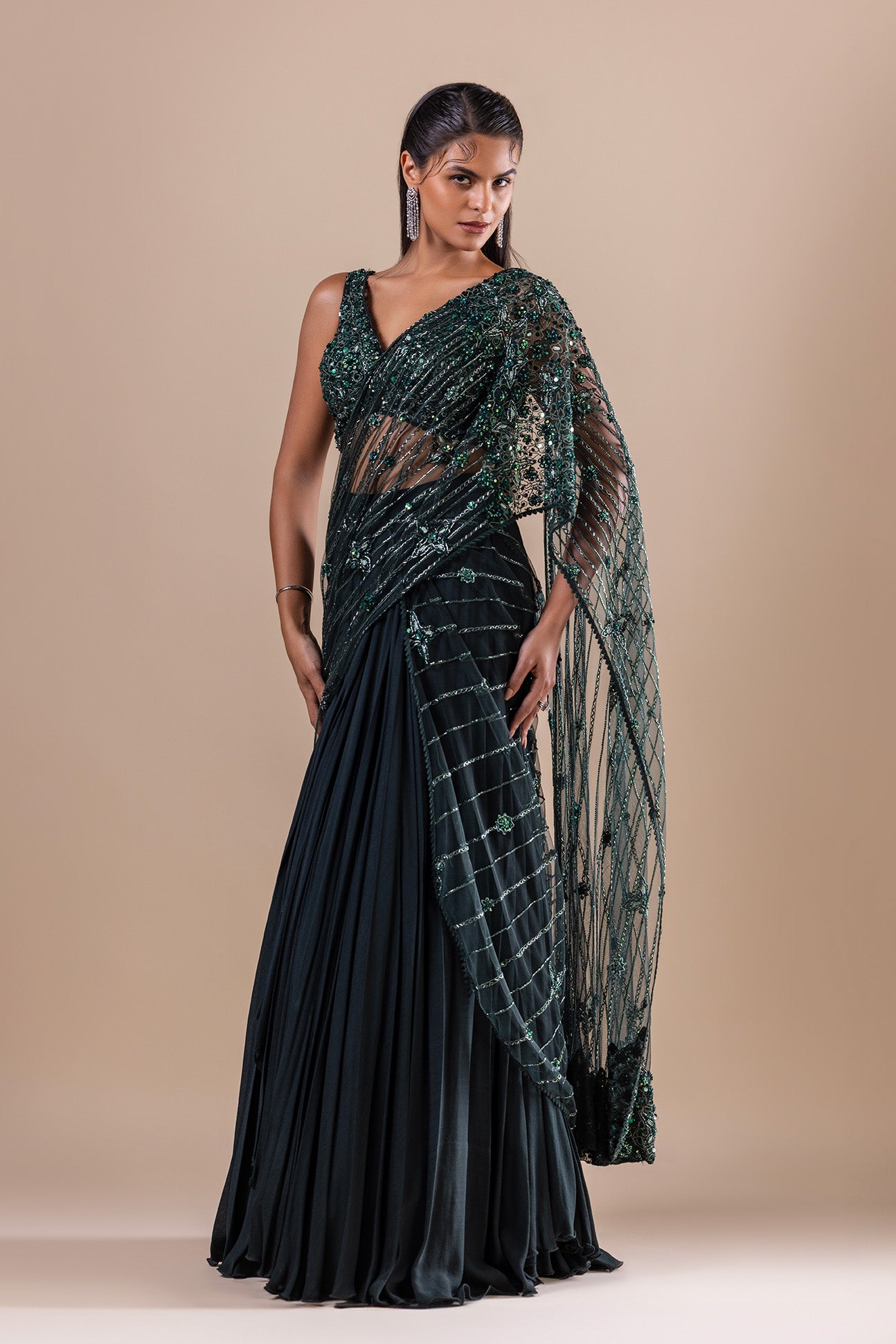 Dark Green Embroidered Drape Saree