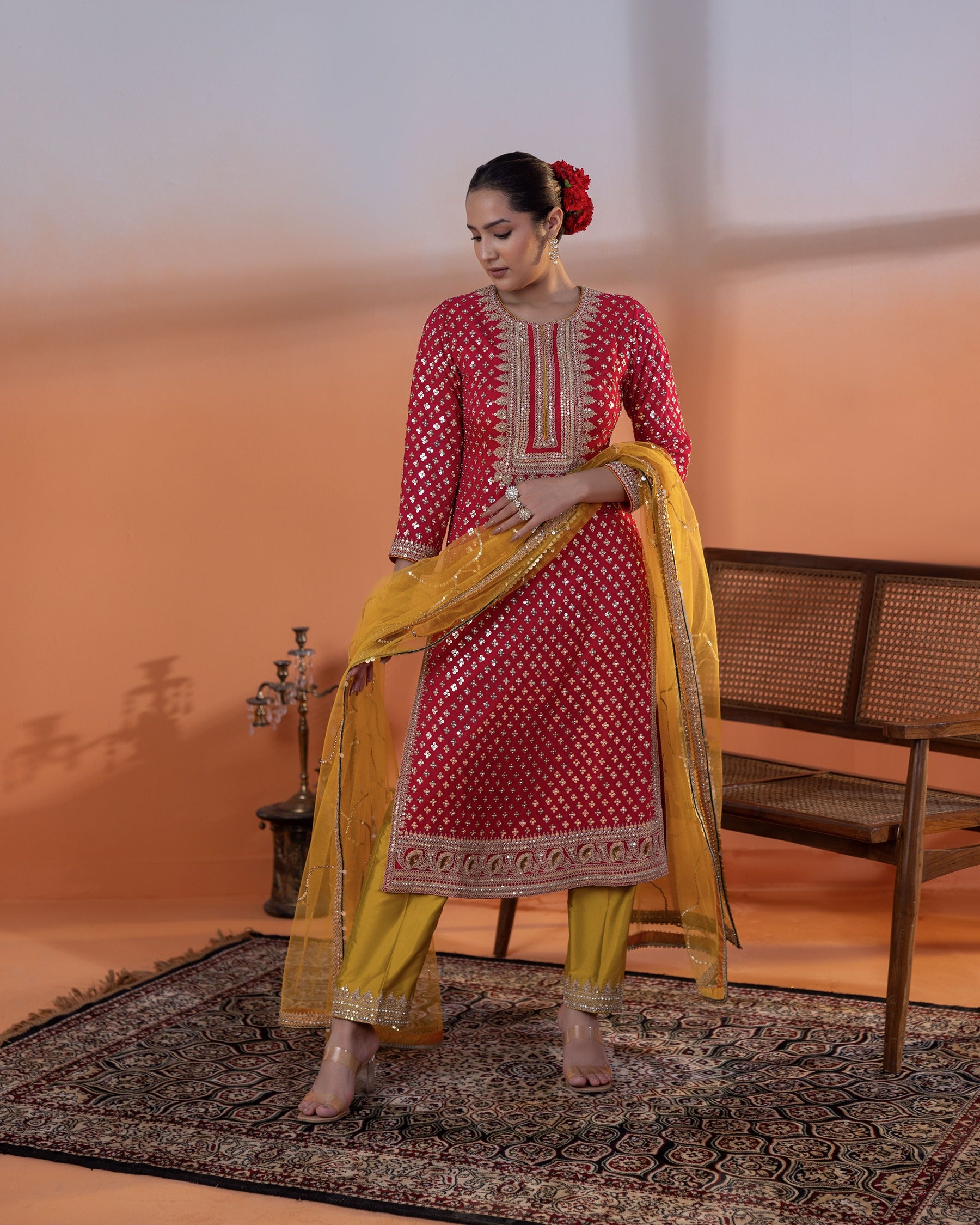 Magenta & Mustard Kundan Crop Top Set