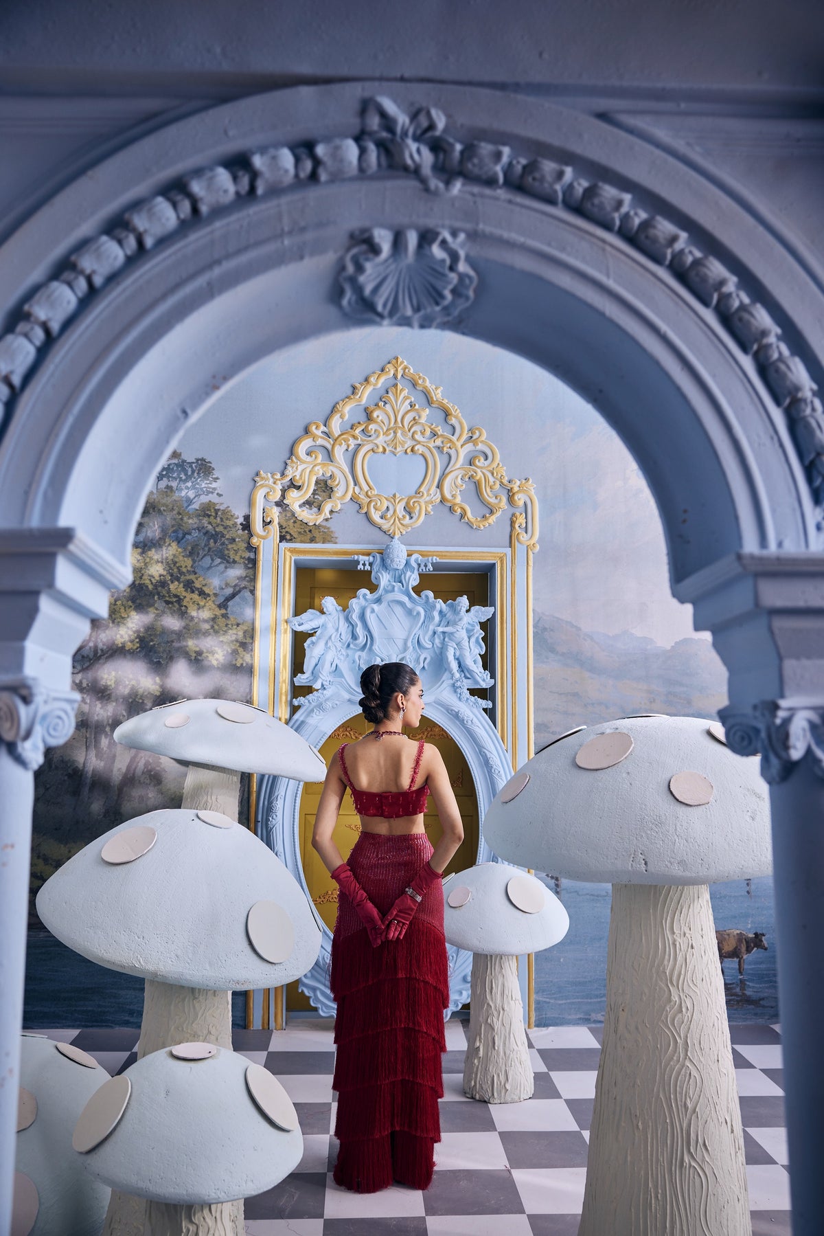 Eva-Red Silk Crystal Skirt & Bustier Set