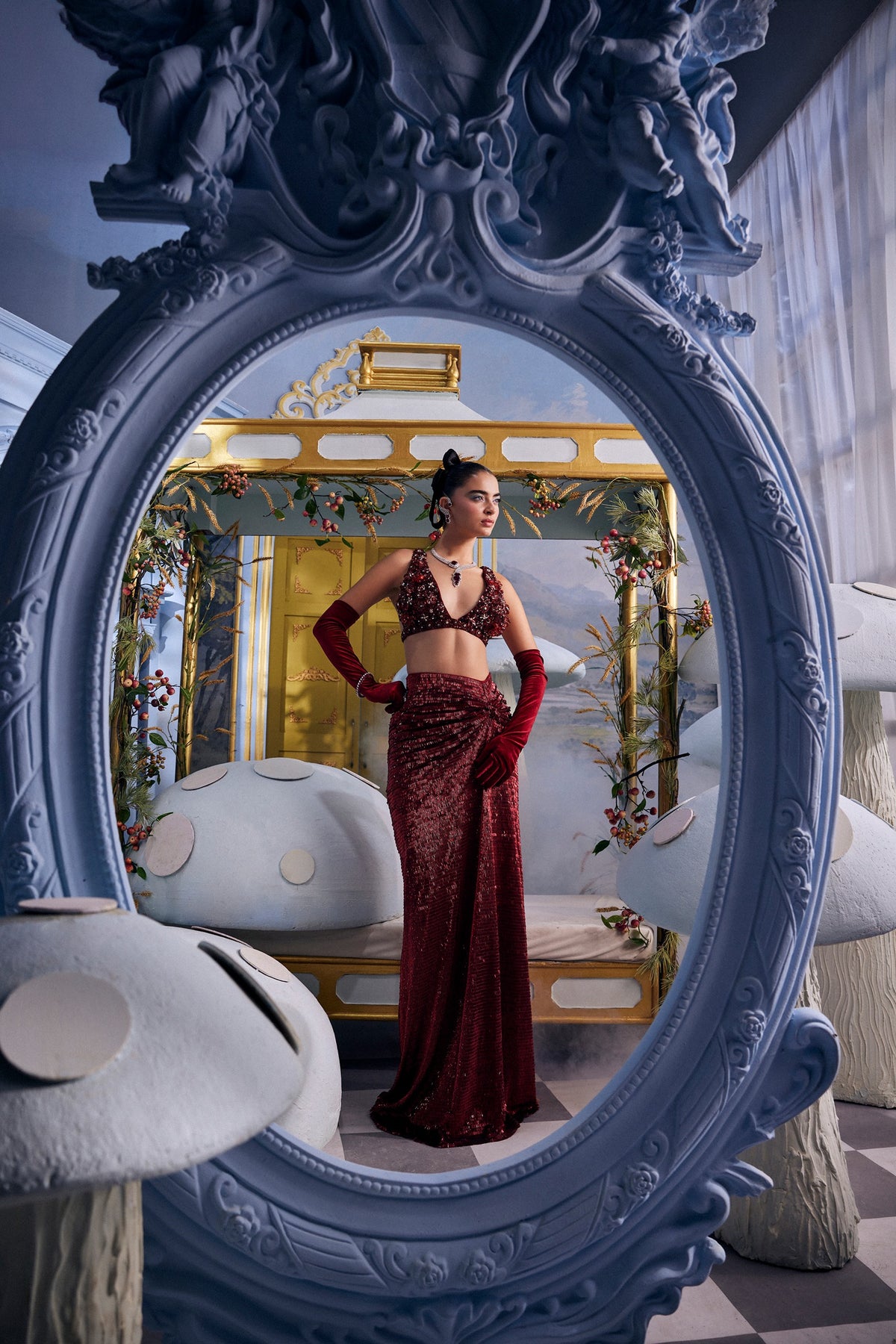 Isabela-Red Organza Crystal Bustier & Skirt Set