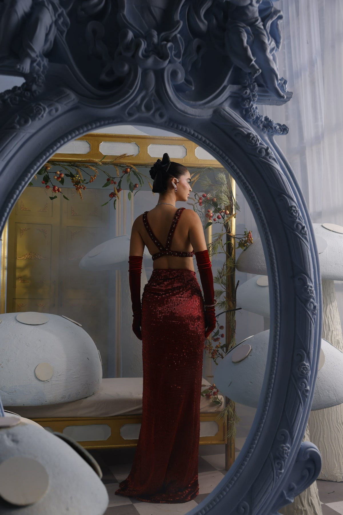 Isabela-Red Organza Crystal Bustier & Skirt Set