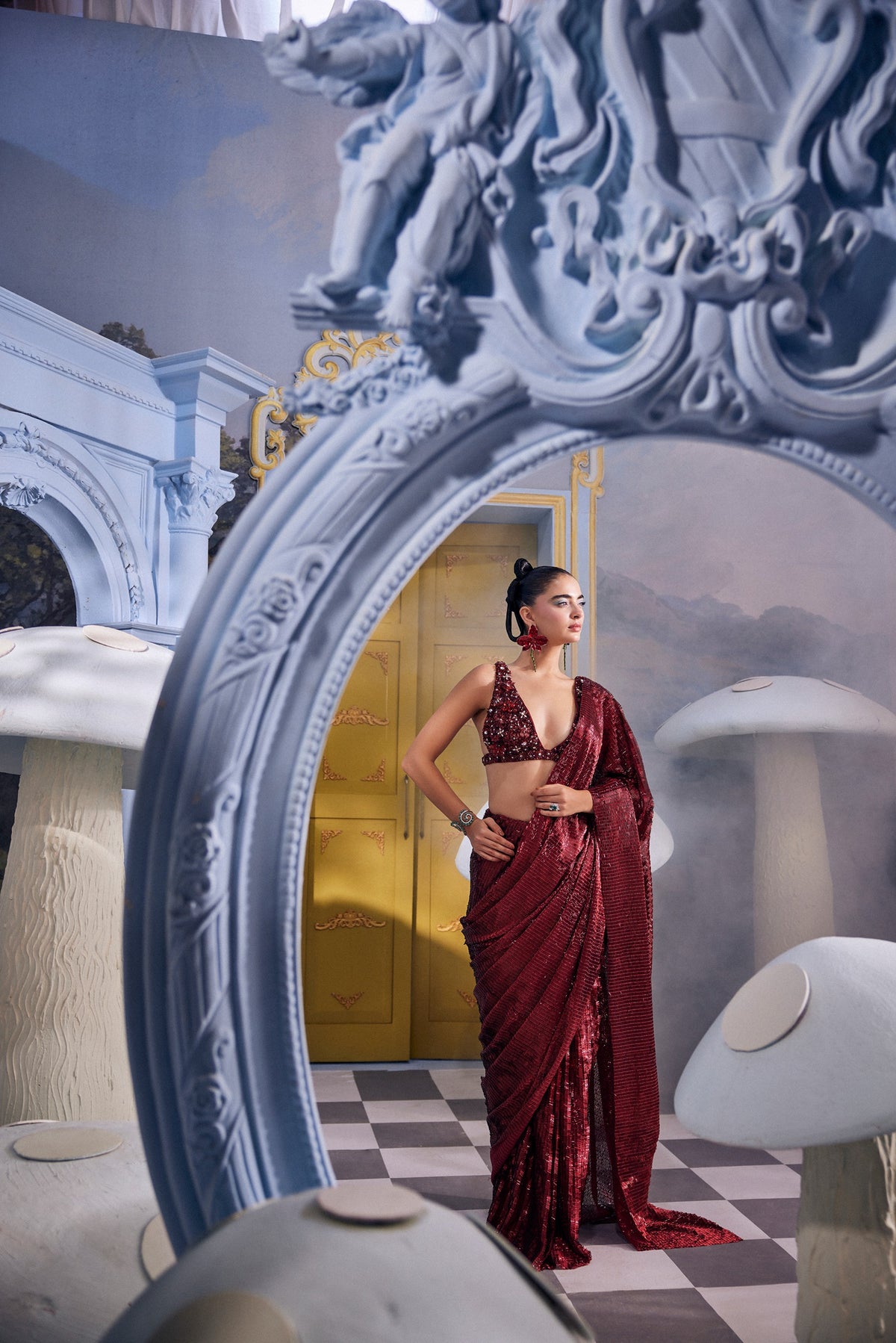 Blair-Red Organza Crystal Bustier & Saree Set