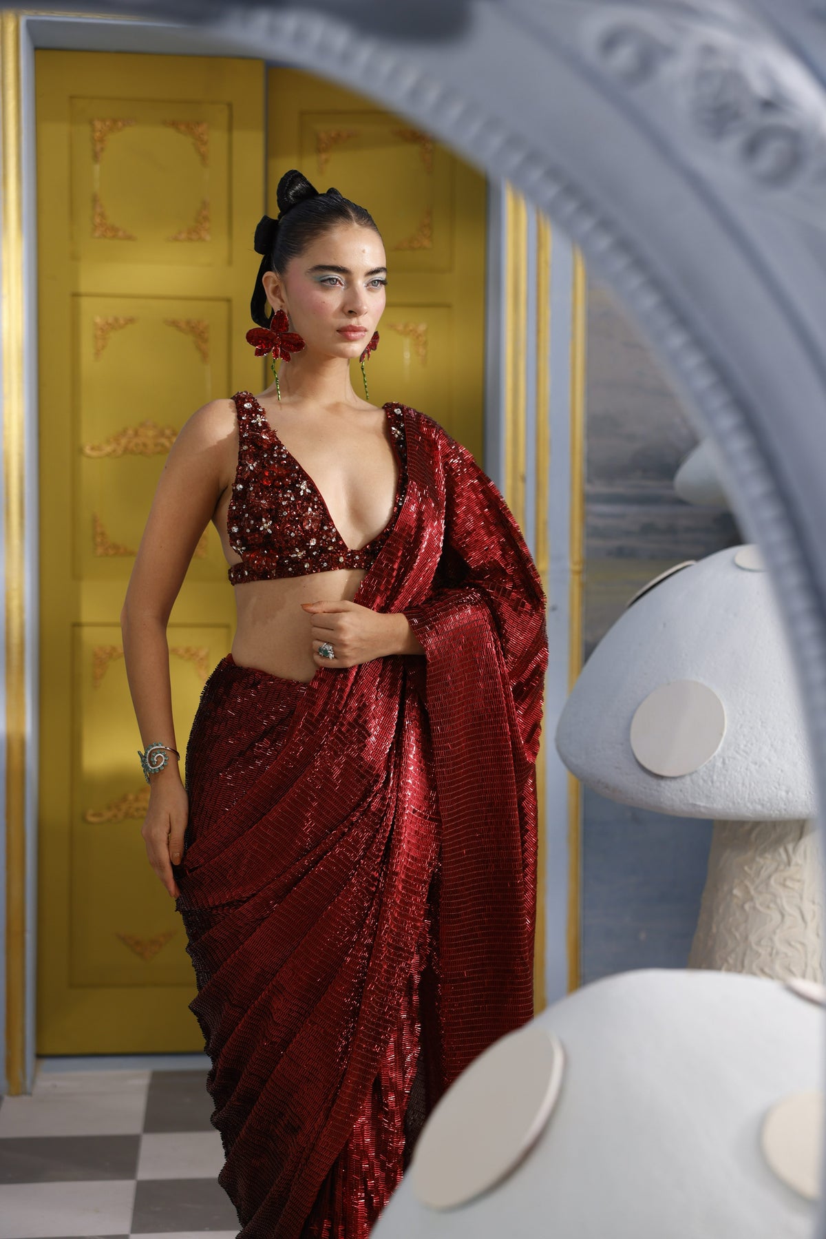 Blair-Red Organza Crystal Bustier & Saree Set