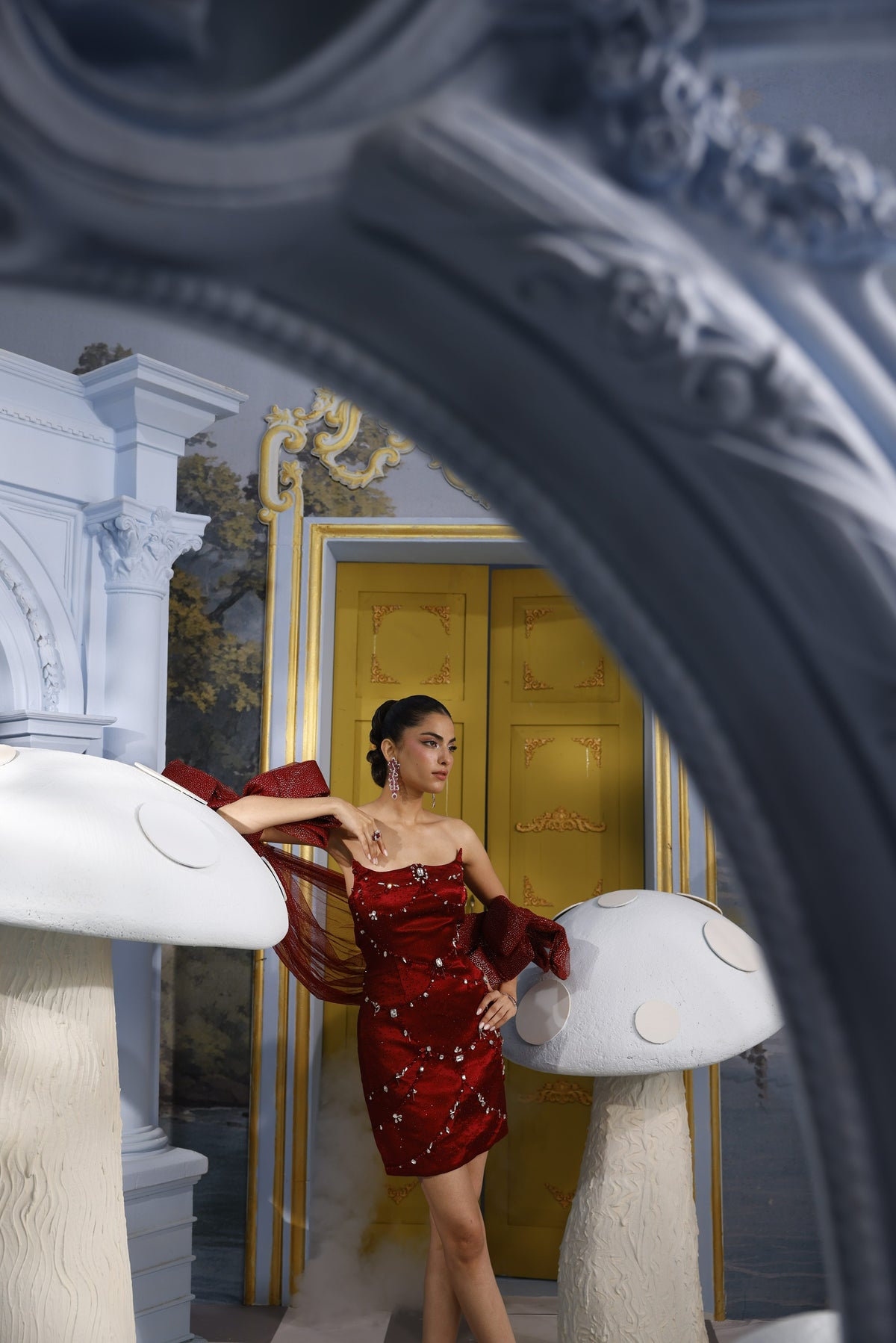Courtney-Red Silk Crystal Embellished Dress