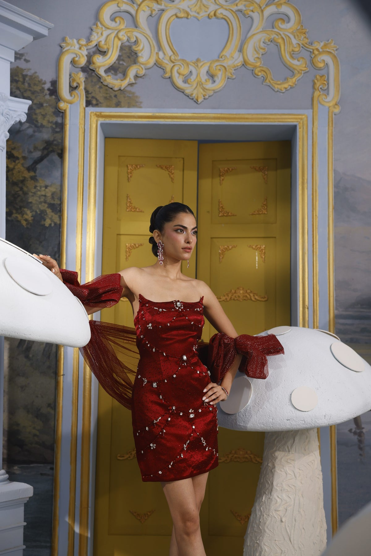 Courtney-Red Silk Crystal Embellished Dress
