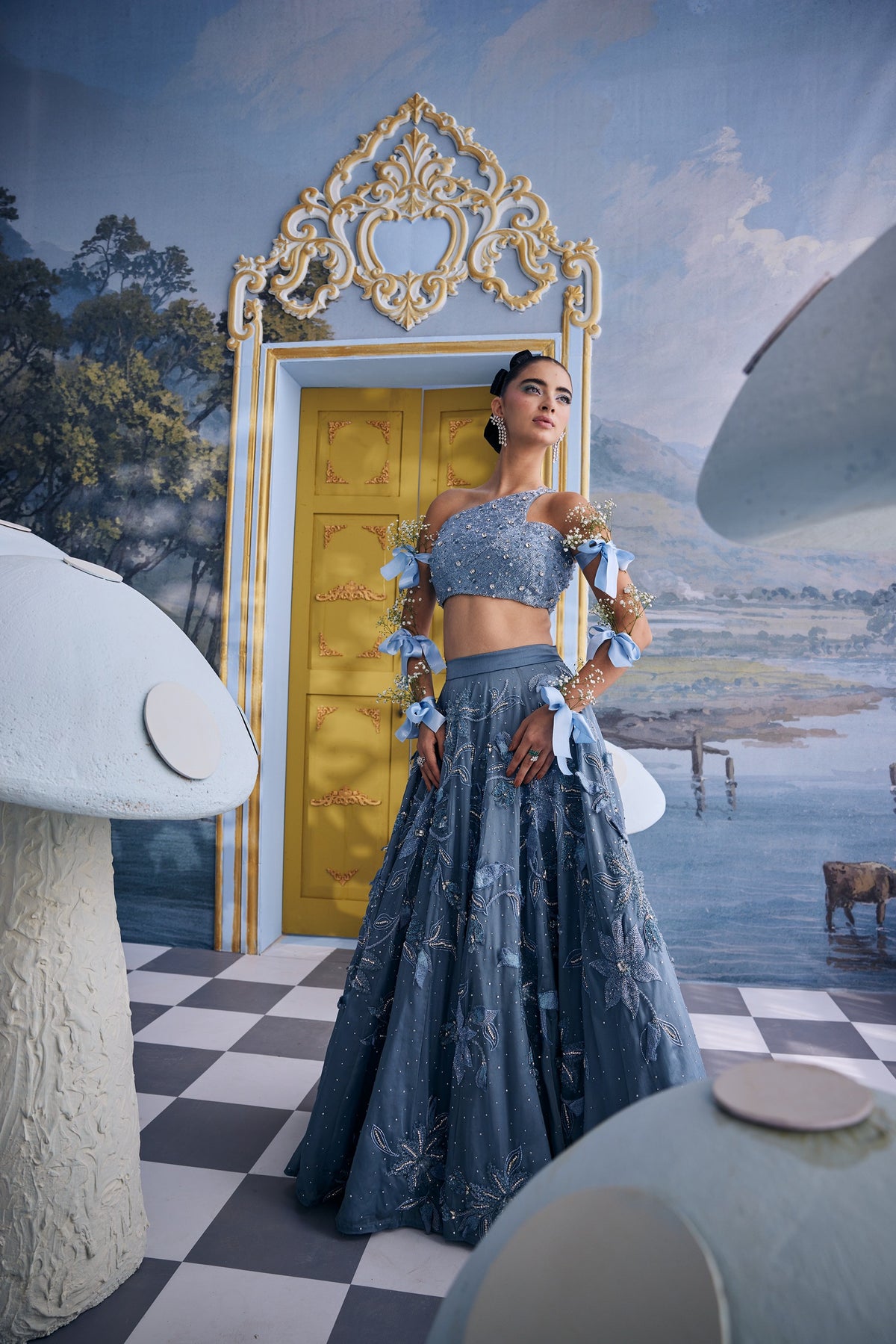 Wendy-Blue Organza Floral Skirt & Blouse Set