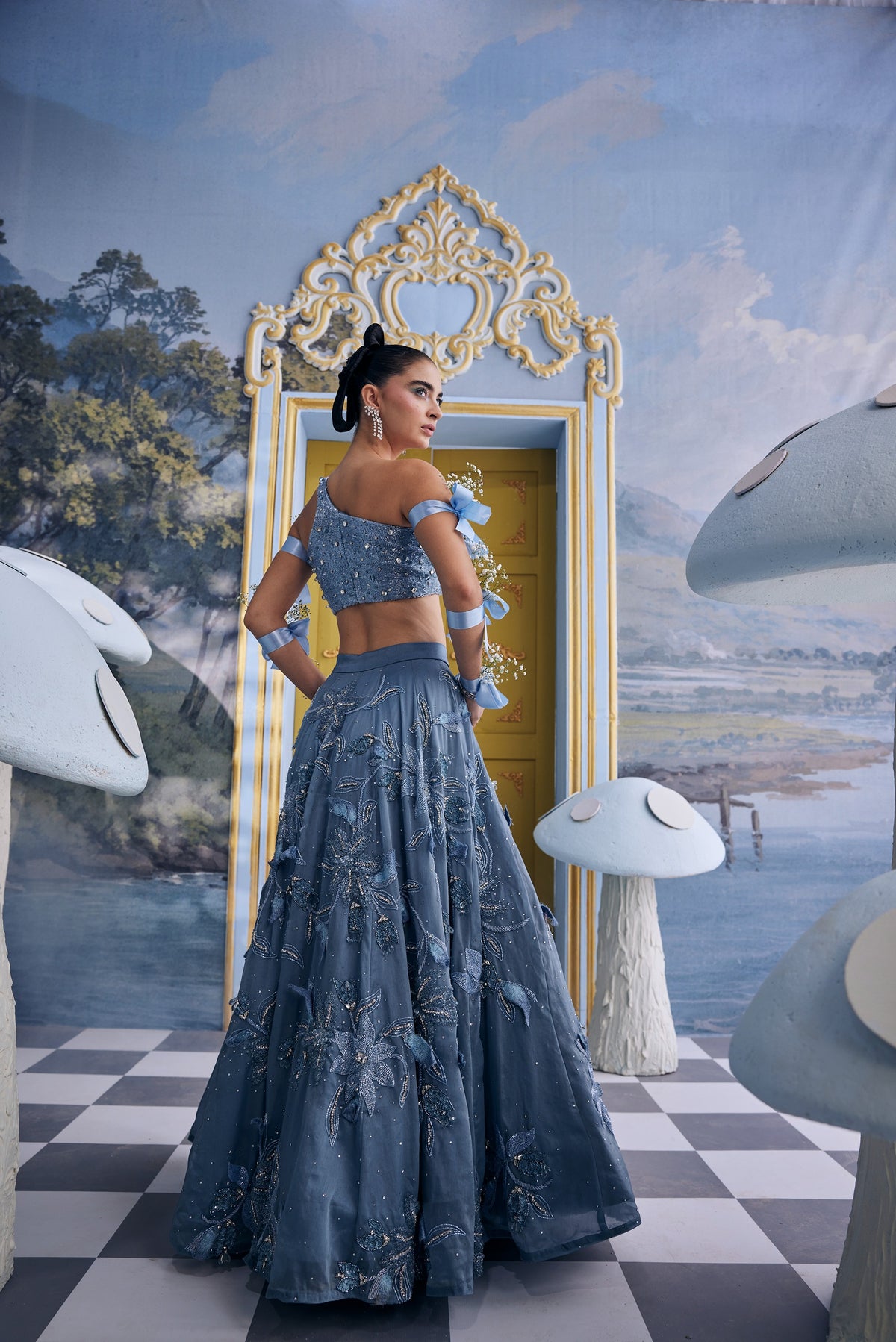 Wendy-Blue Organza Floral Skirt & Blouse Set