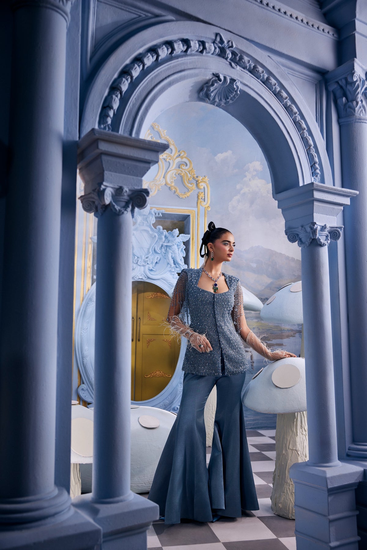 Stardust-Blue Crystal Blazer & Sharara Set