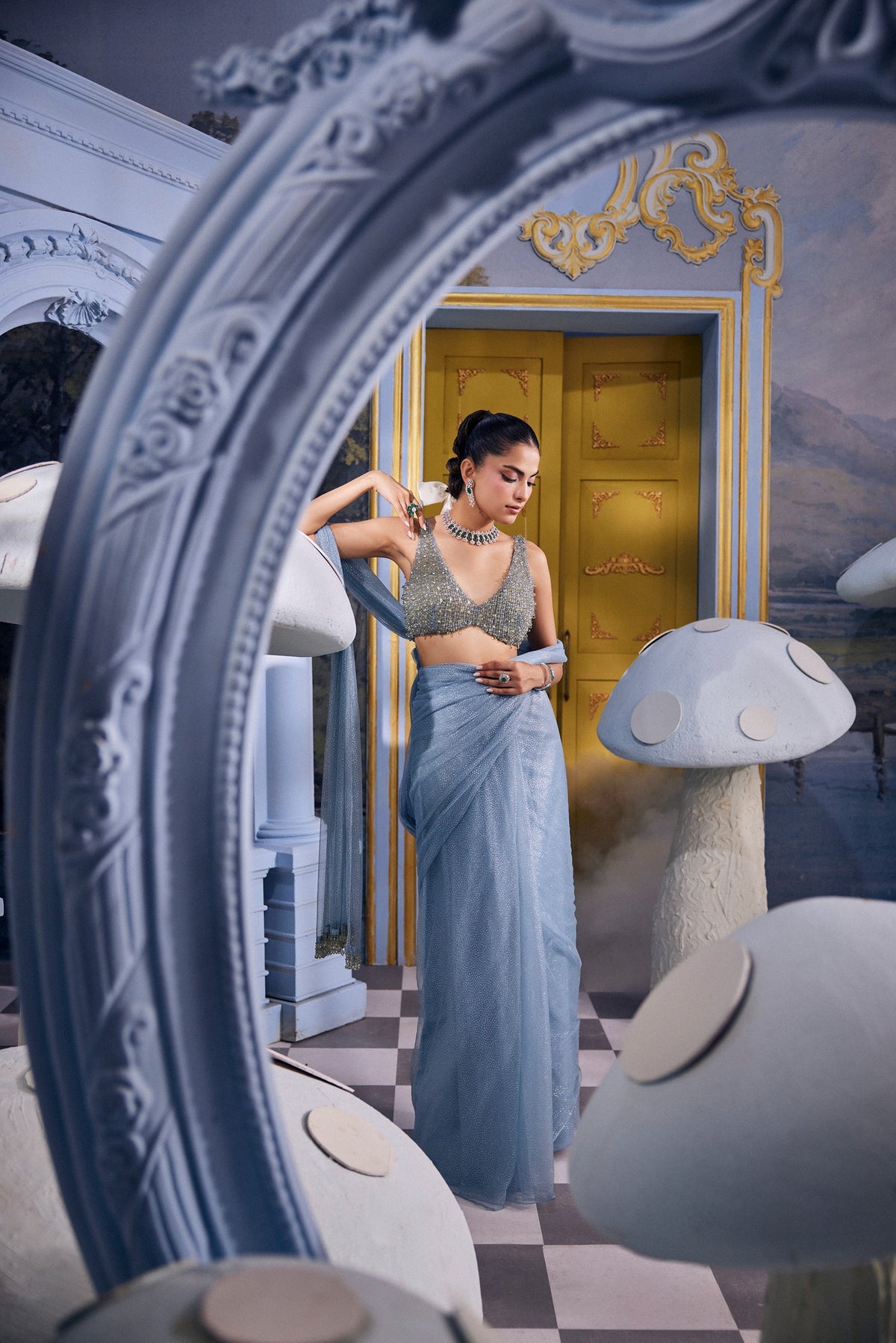 Annika-Blue Foil Print Saree & Crystal Blouse