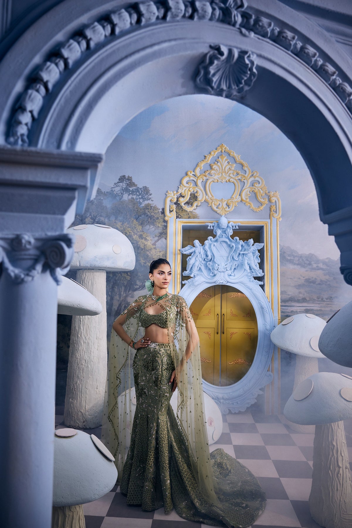 Grace-Sage Green Crystal Mermaid Skirt Set