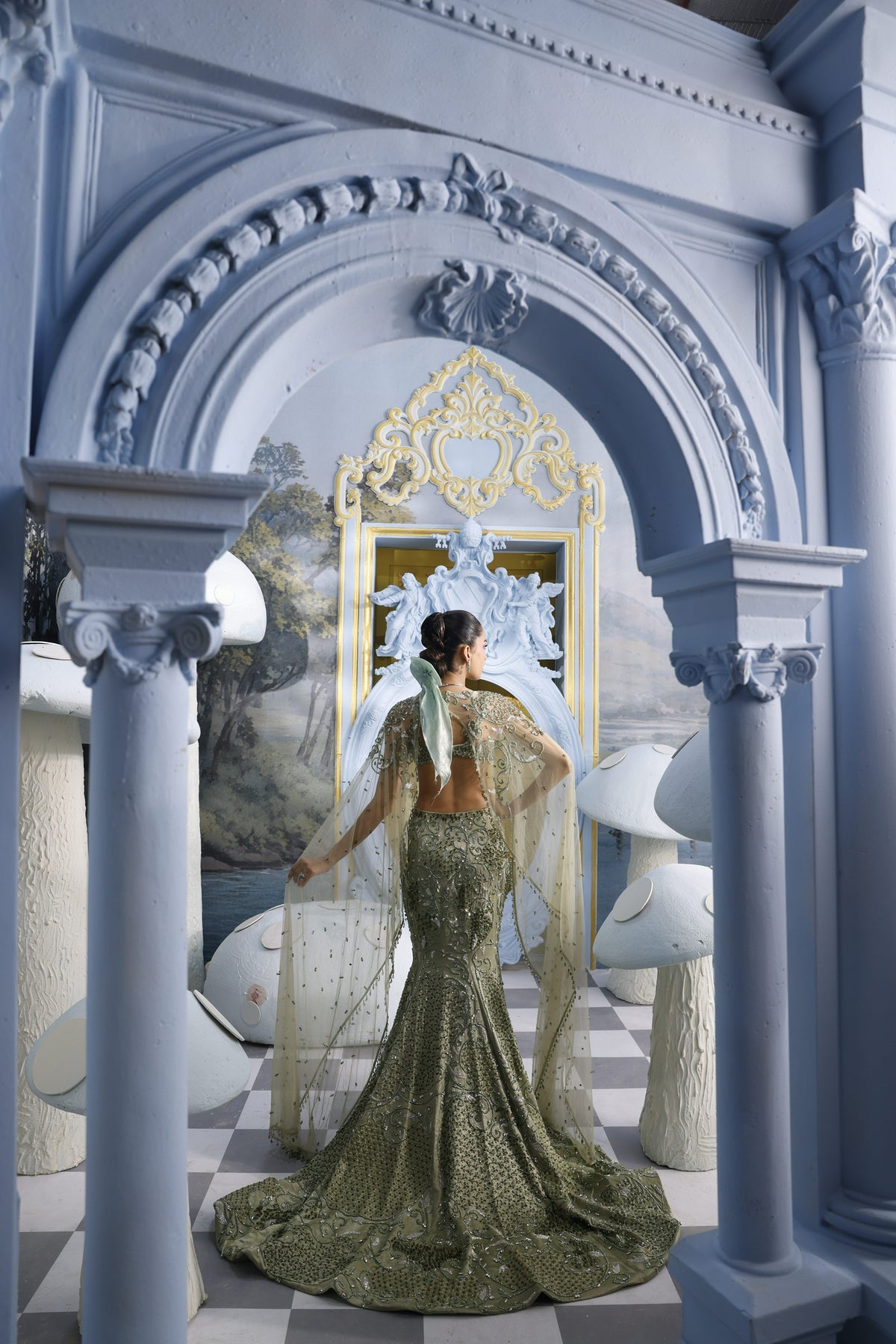 Grace-Sage Green Crystal Mermaid Skirt Set