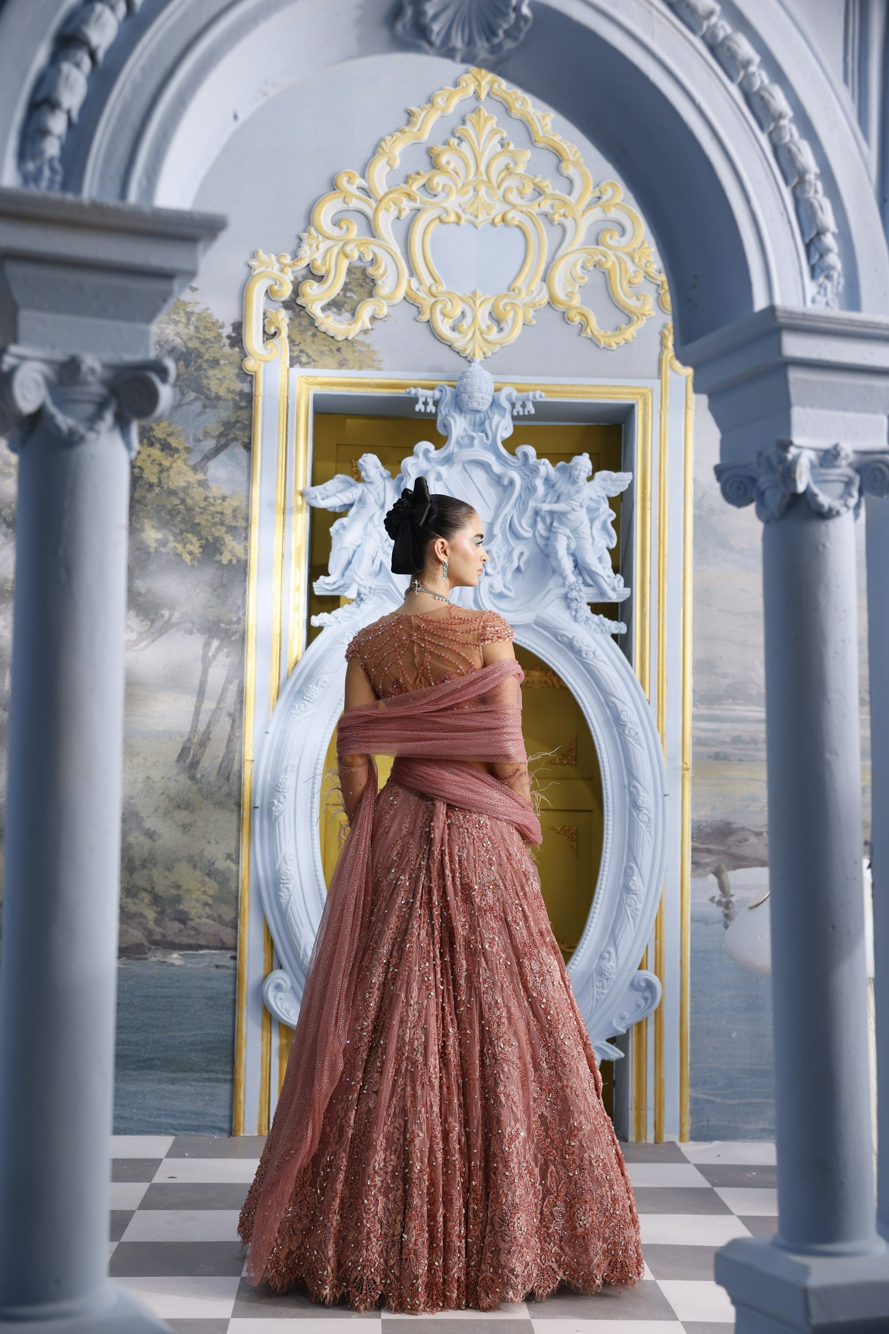 Rosella-Pink Lace Crystal Lehenga Set