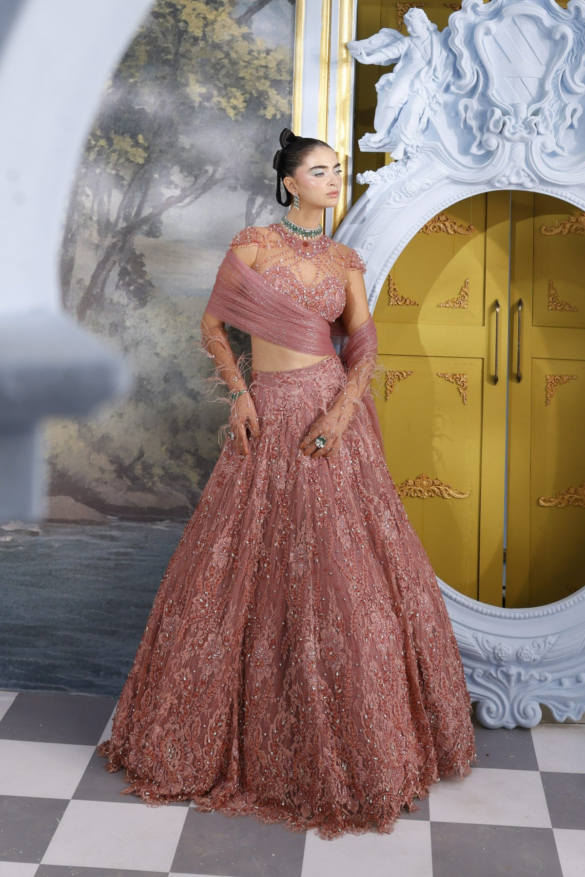Rosella-Pink Lace Crystal Lehenga Set