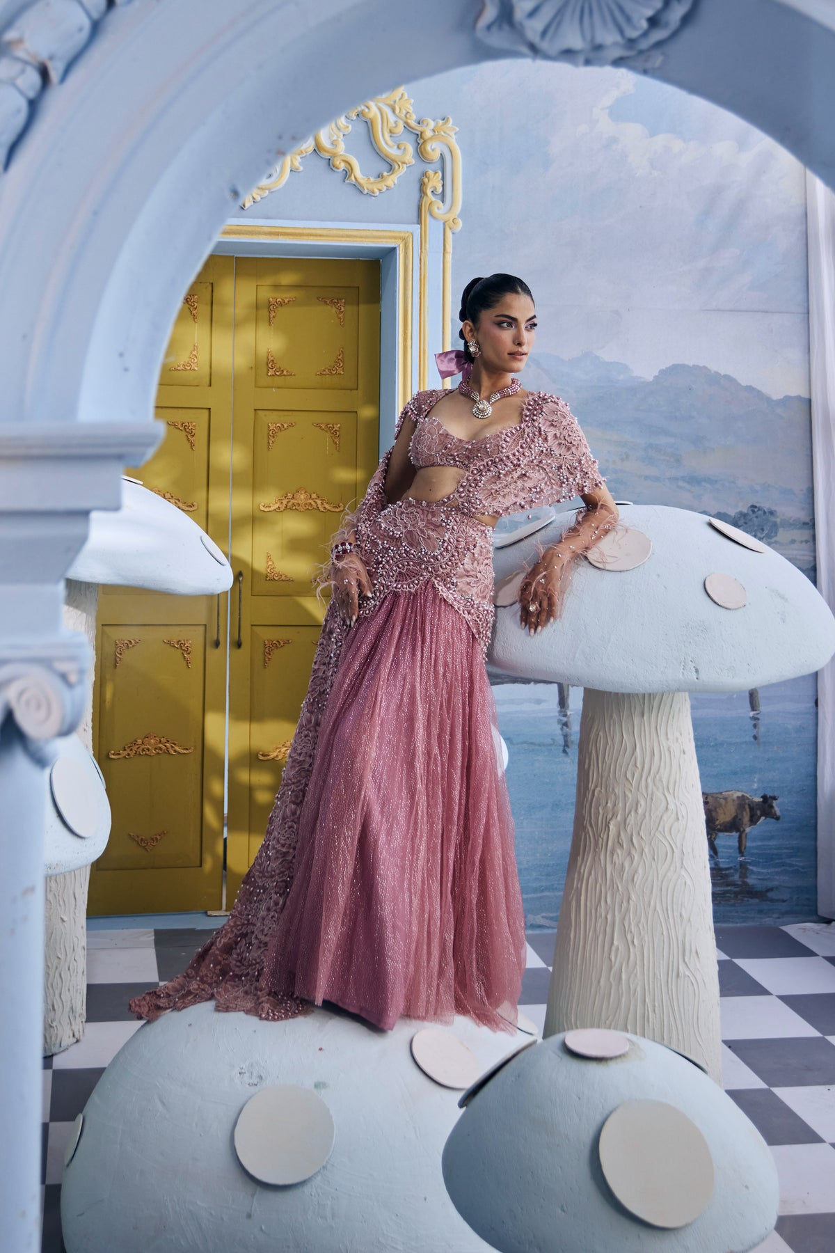 Mary-Pink Foil Print Pearl Saree Set