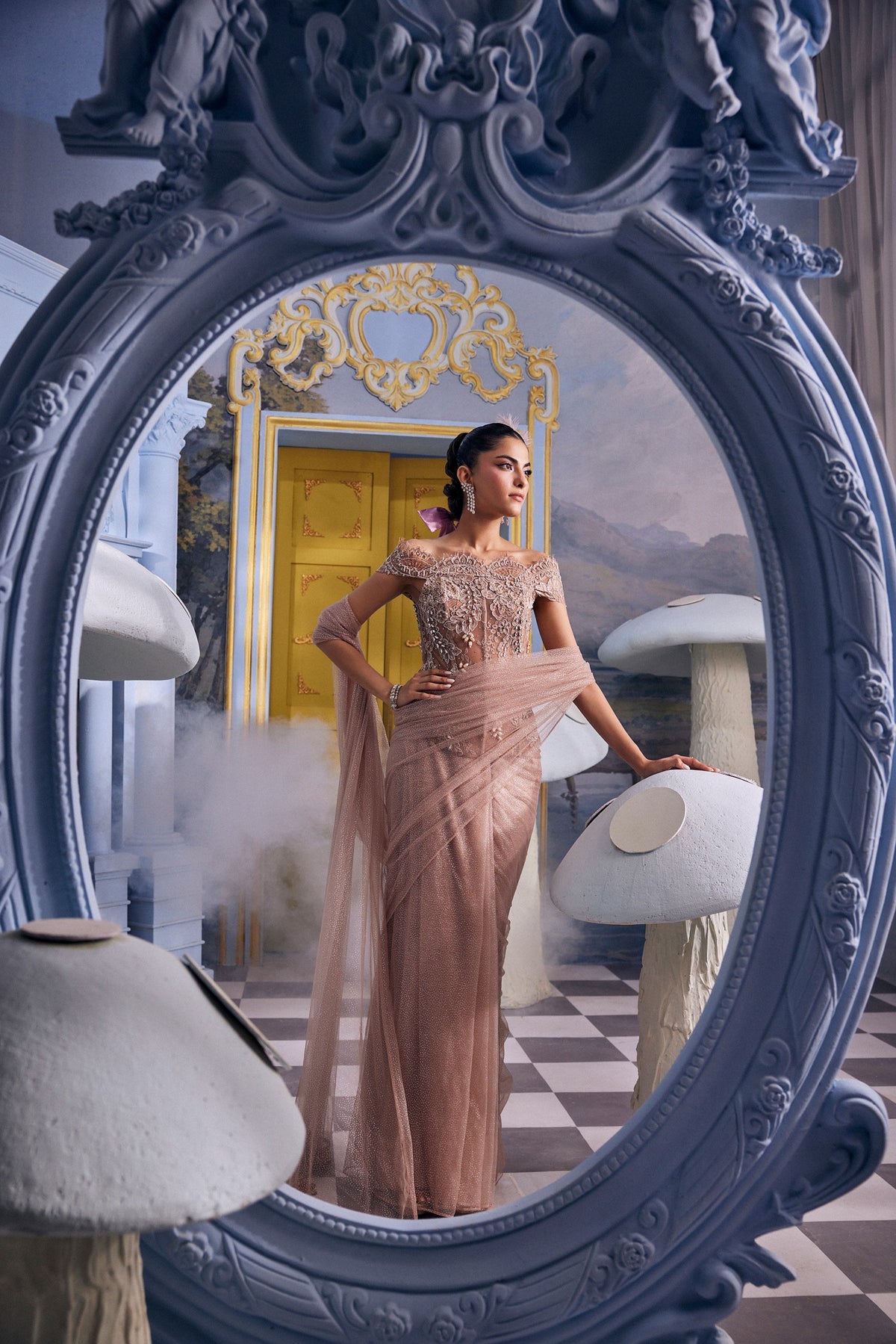Erika-Champagne Lace Corset & Saree Set
