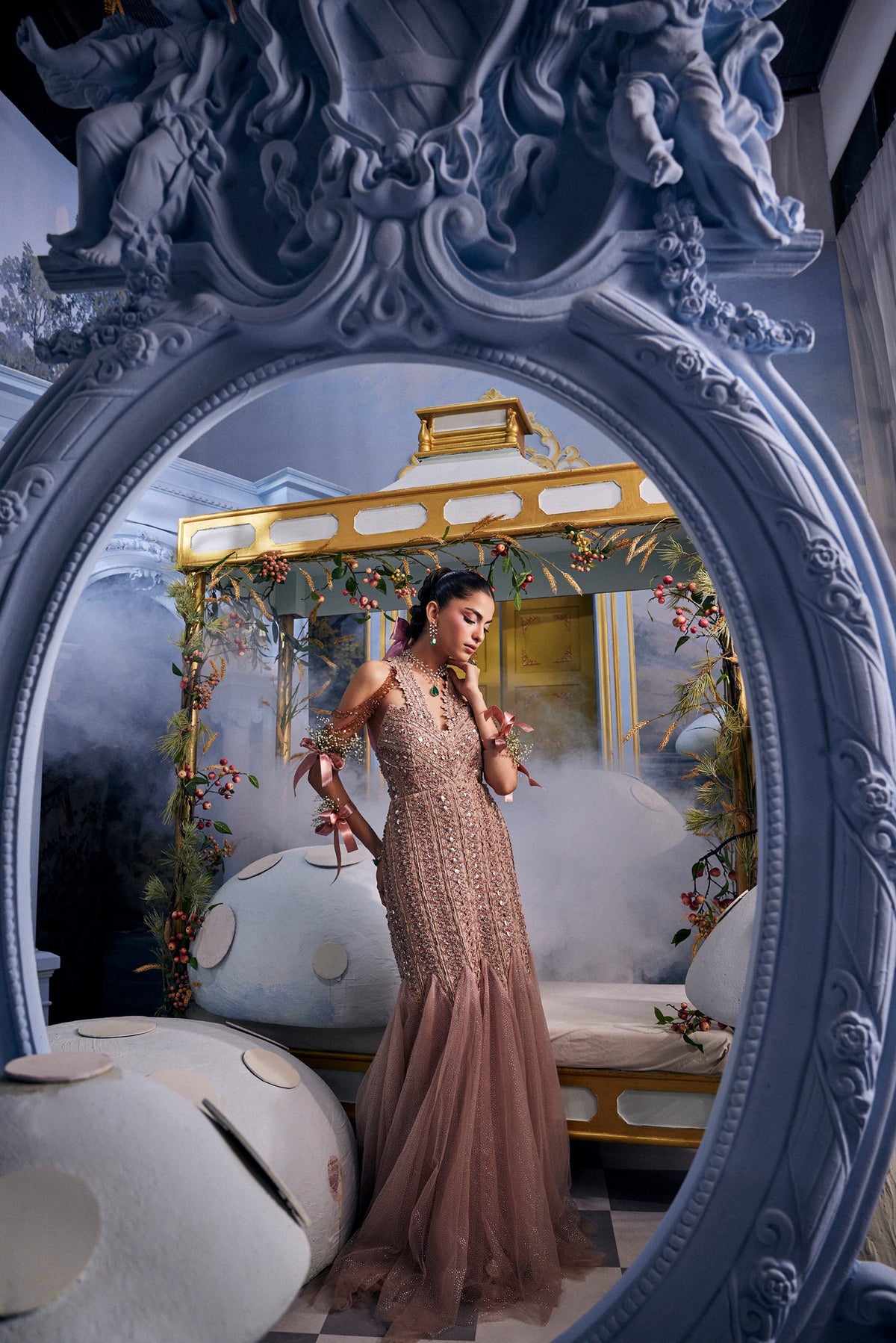 Stella-Champagne Silk Crystal Embellished Gown