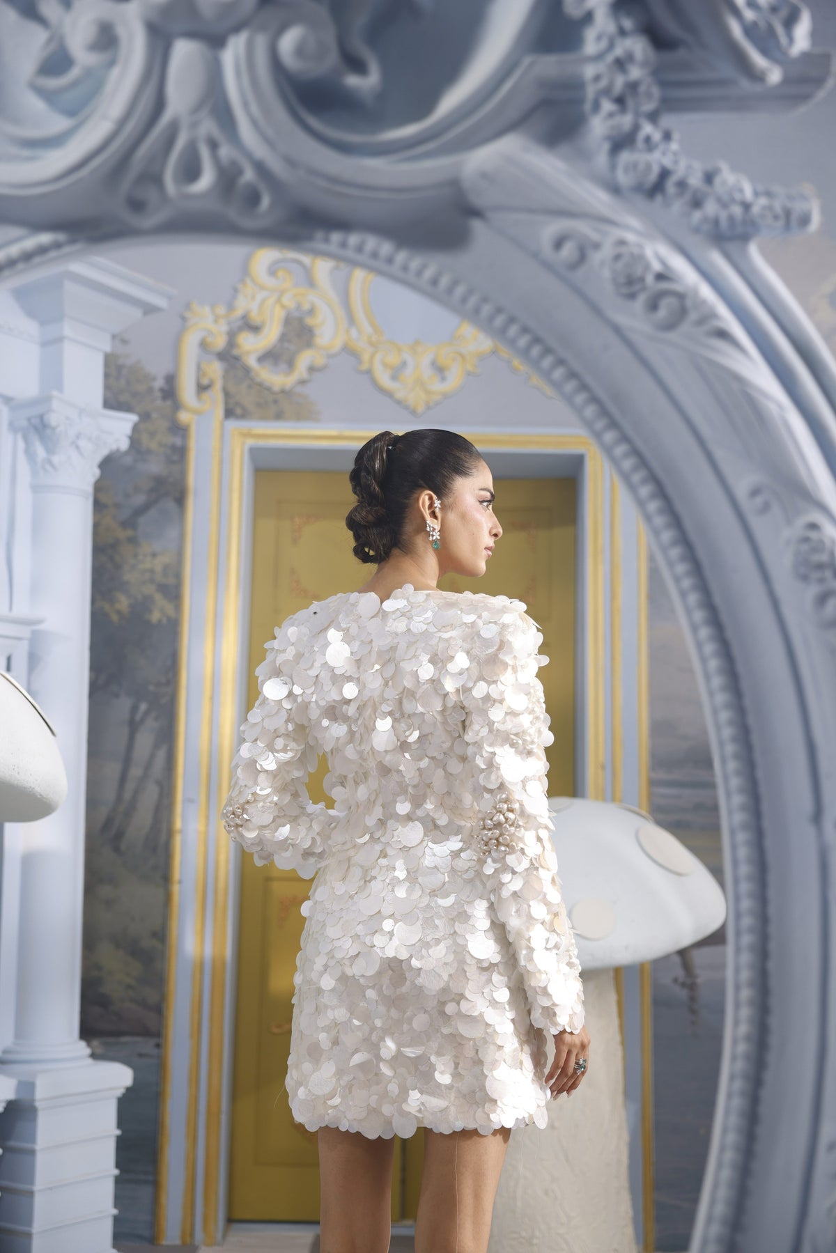 Pearl-White Sequin Beaded Short Dress