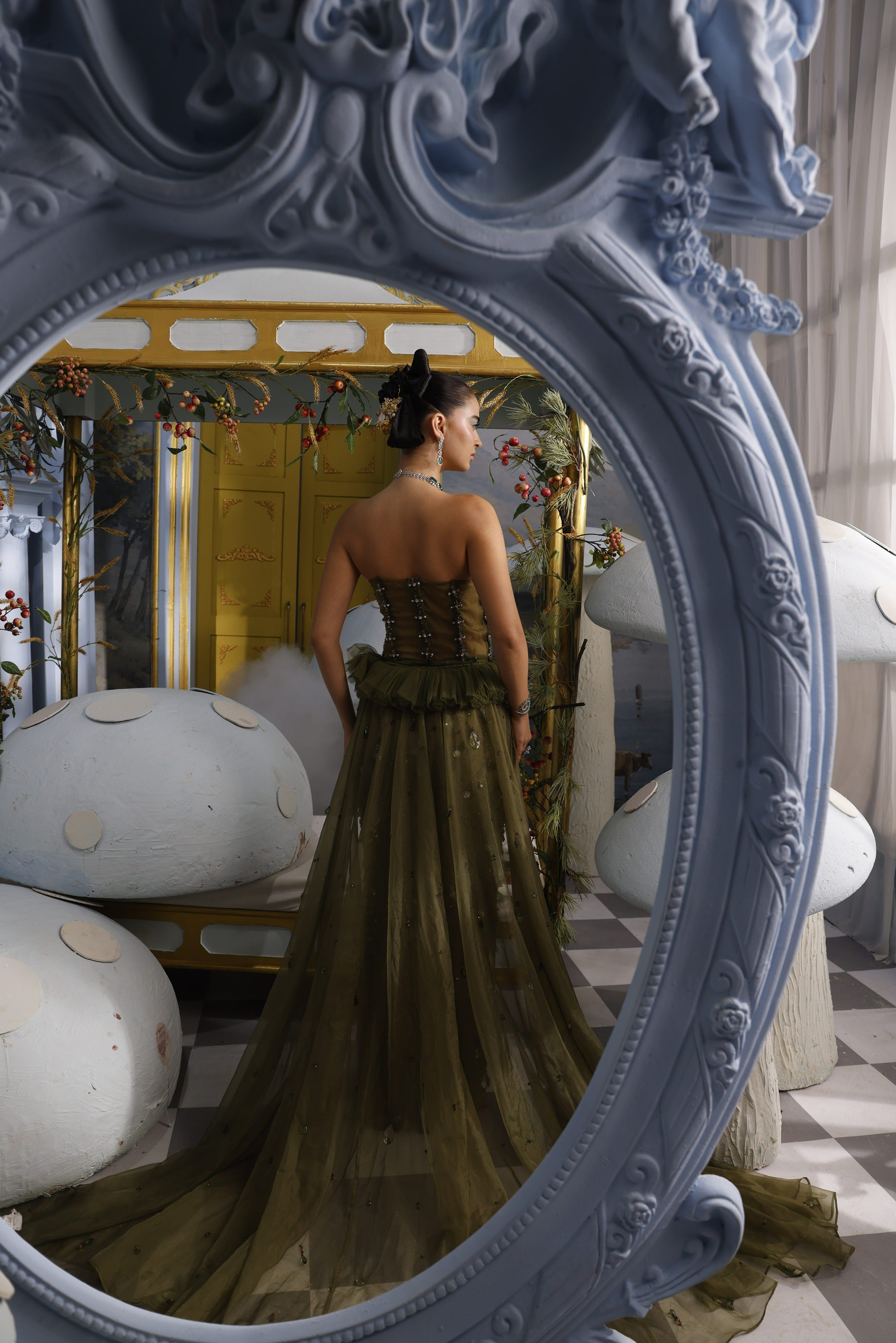 Isabela-Green Crystal Embellished Trail Gown