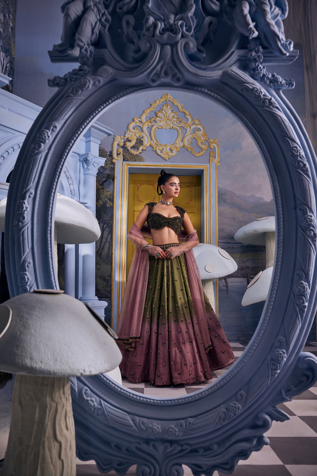 Luisa-Green Pink Ombre Crystal Skirt Set