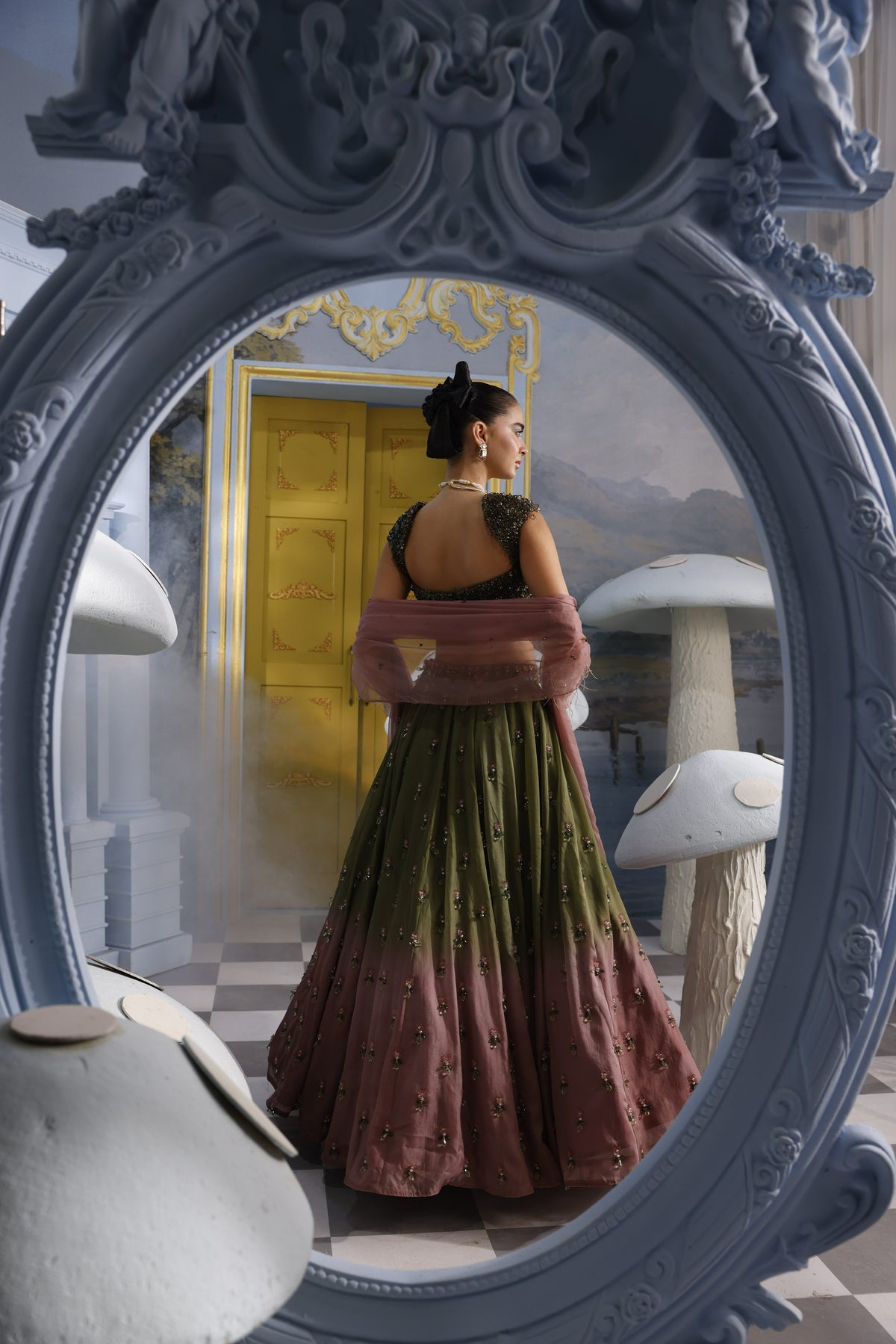 Luisa-Green Pink Ombre Crystal Skirt Set