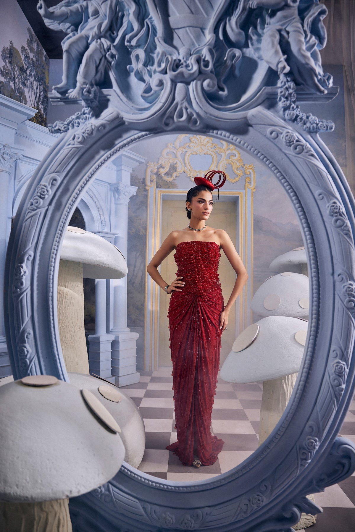 Aurora-Red Crystal Corset & Draped Skirt Set