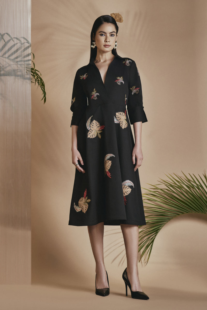 Origani Black Tropical A-Line Flare Dress