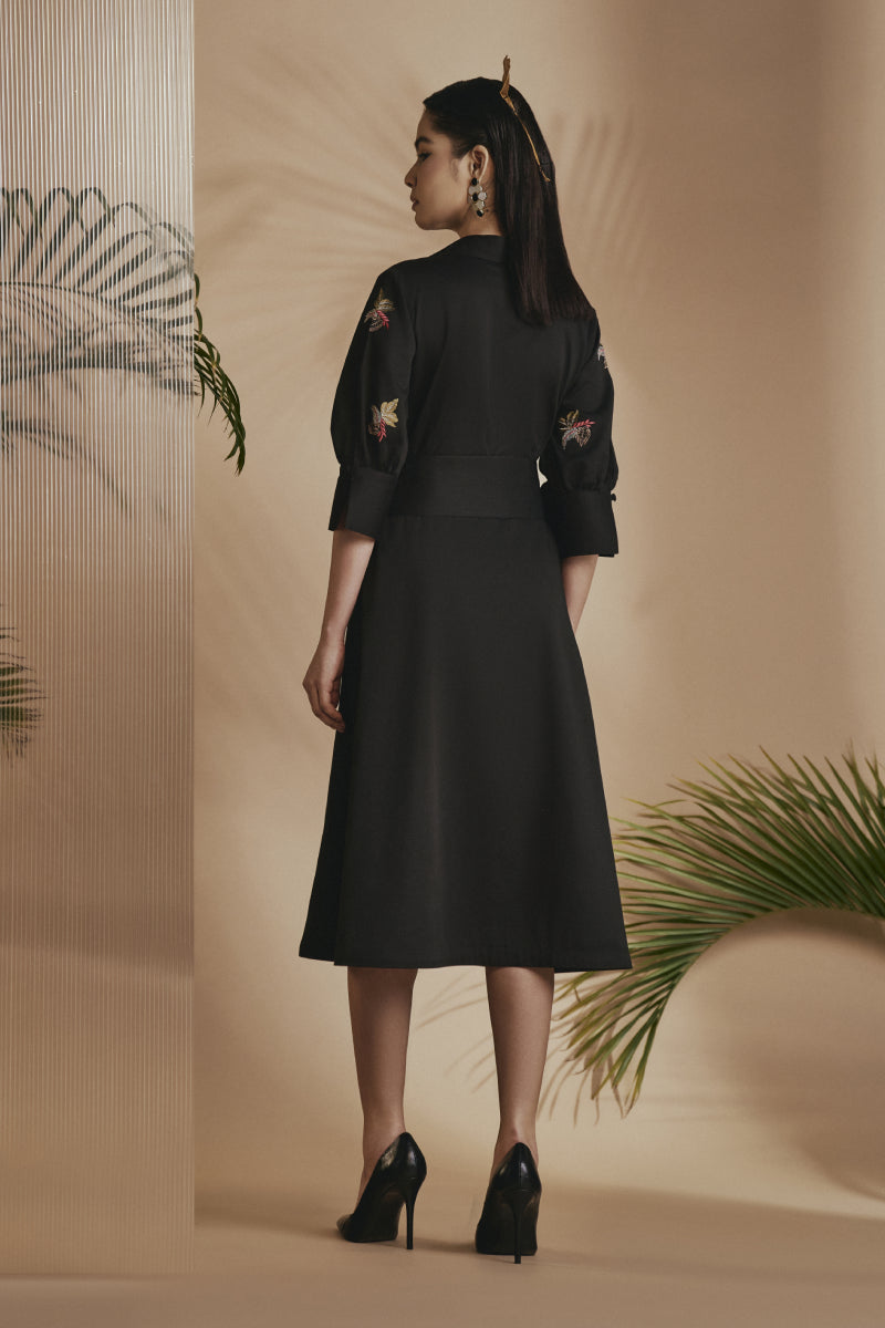 Origani Black Tropical A-Line Flare Dress