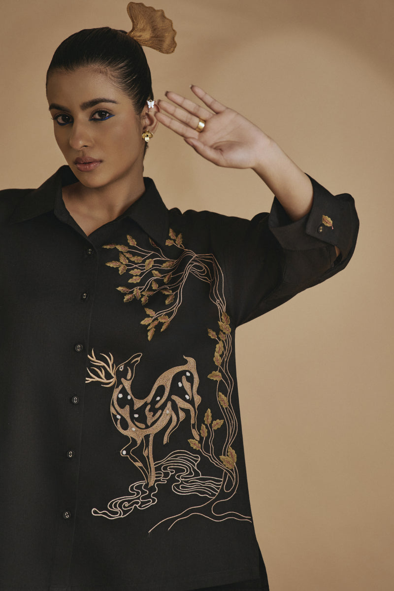 Origani Black Deer In Bloom Shirt